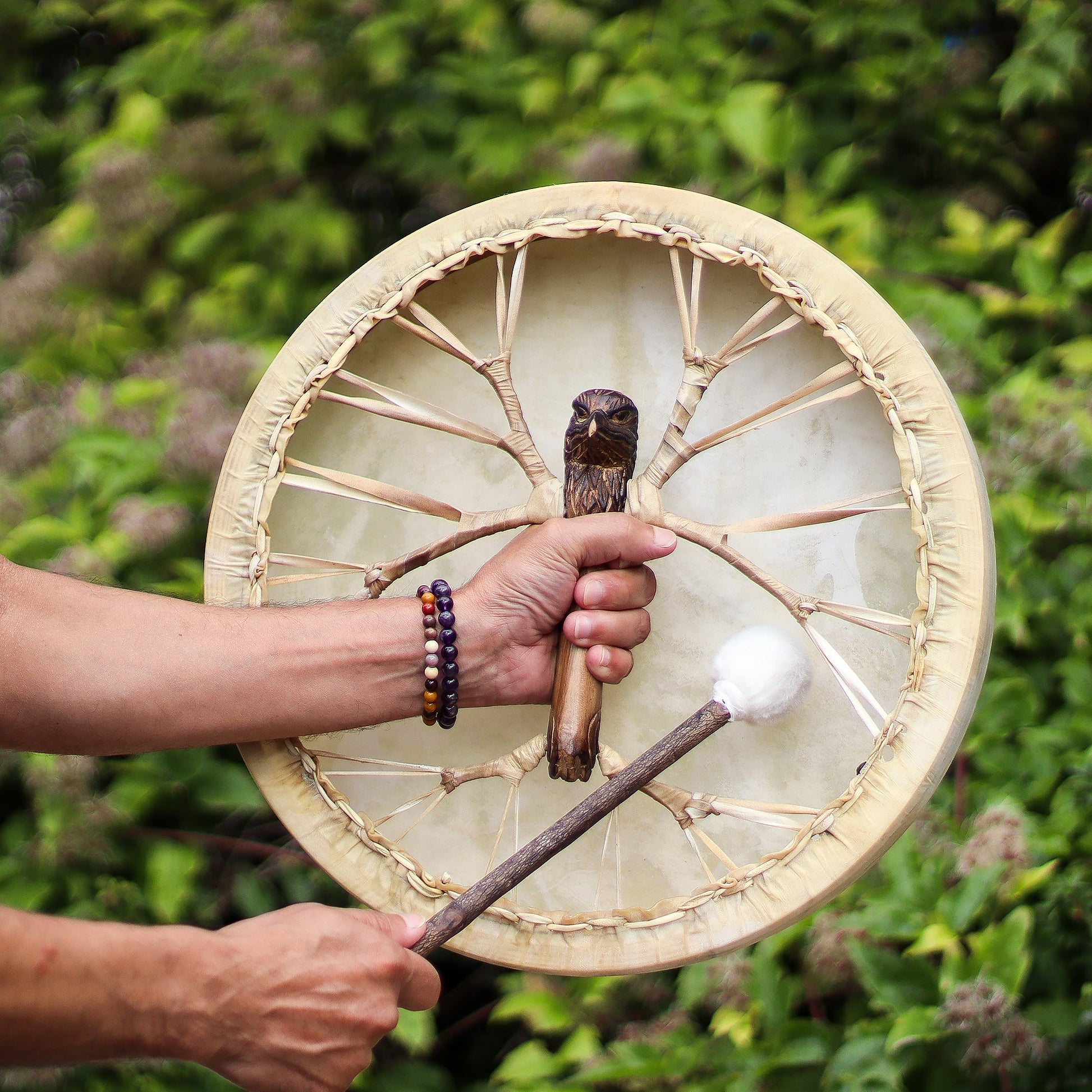 40cm Handmade Tuneable Shaman Drum, Beater Stick and Tuner - Spirit of the Eagle product packaging on clean background from Quintessential Holistic Health Ltd