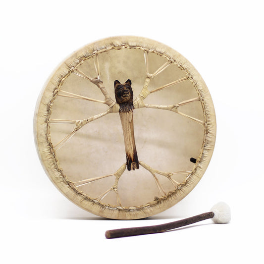 40cm Handmade Tuneable Shaman Drum, Beater Stick and Tuner - Spirit of the Bear product packaging on clean background from Quintessential Holistic Health Ltd