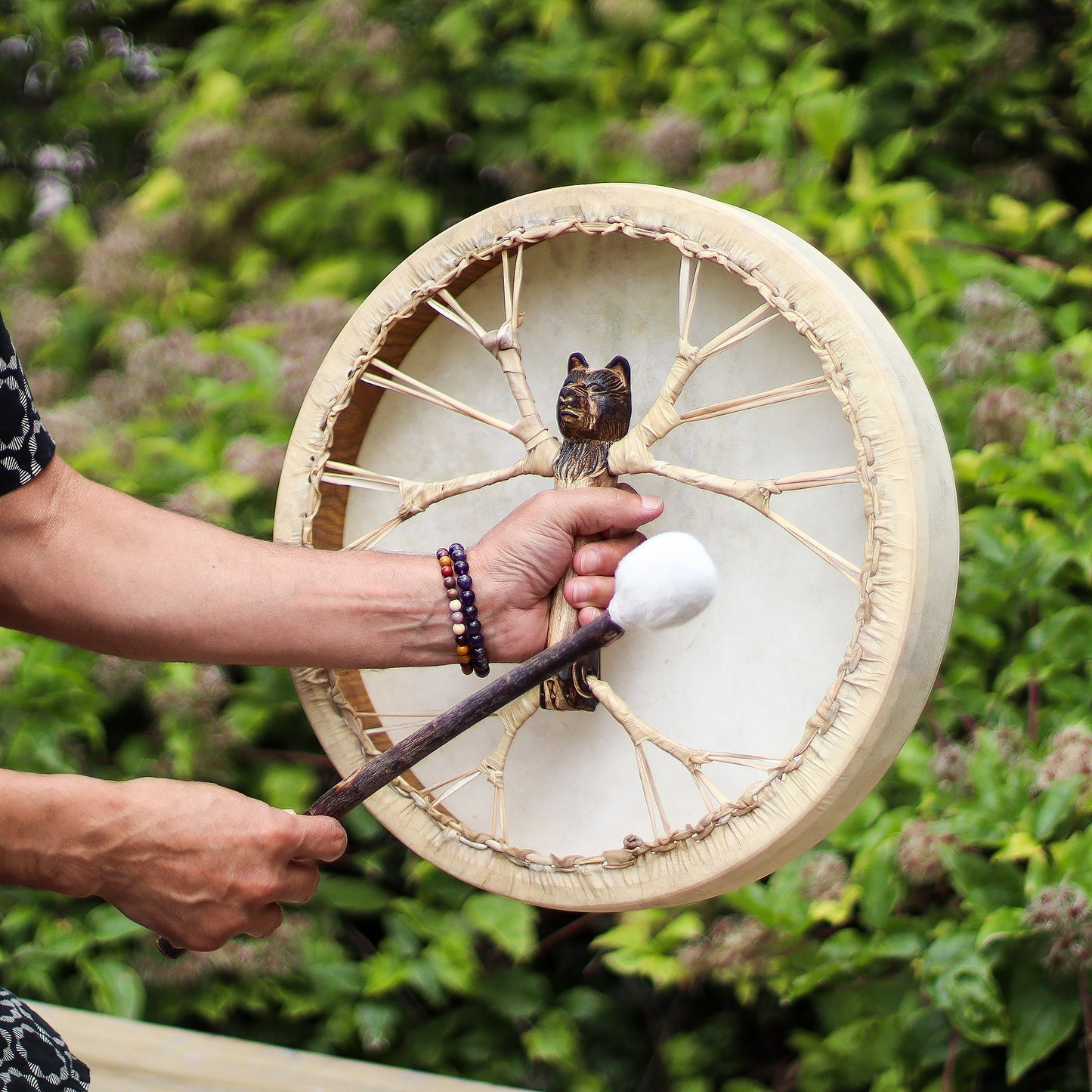 40cm Handmade Tuneable Shaman Drum, Beater Stick and Tuner - Spirit of the Bear product packaging on clean background from Quintessential Holistic Health Ltd