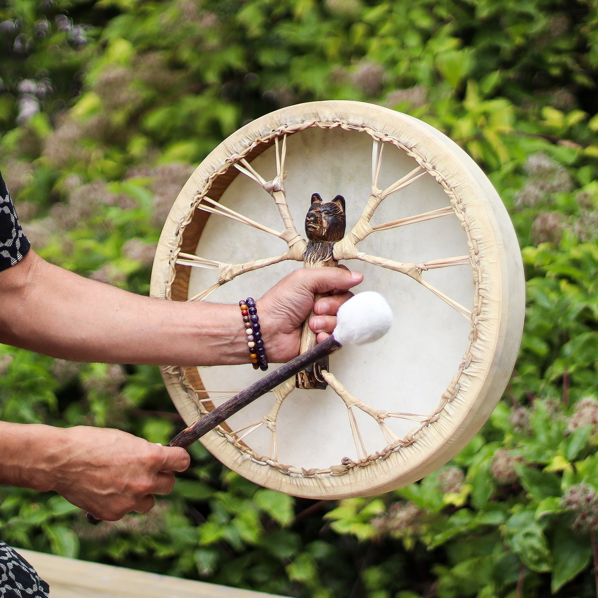40cm Handmade Tuneable Shaman Drum, Beater Stick and Tuner - Spirit of the Bear product packaging on clean background from Quintessential Holistic Health Ltd