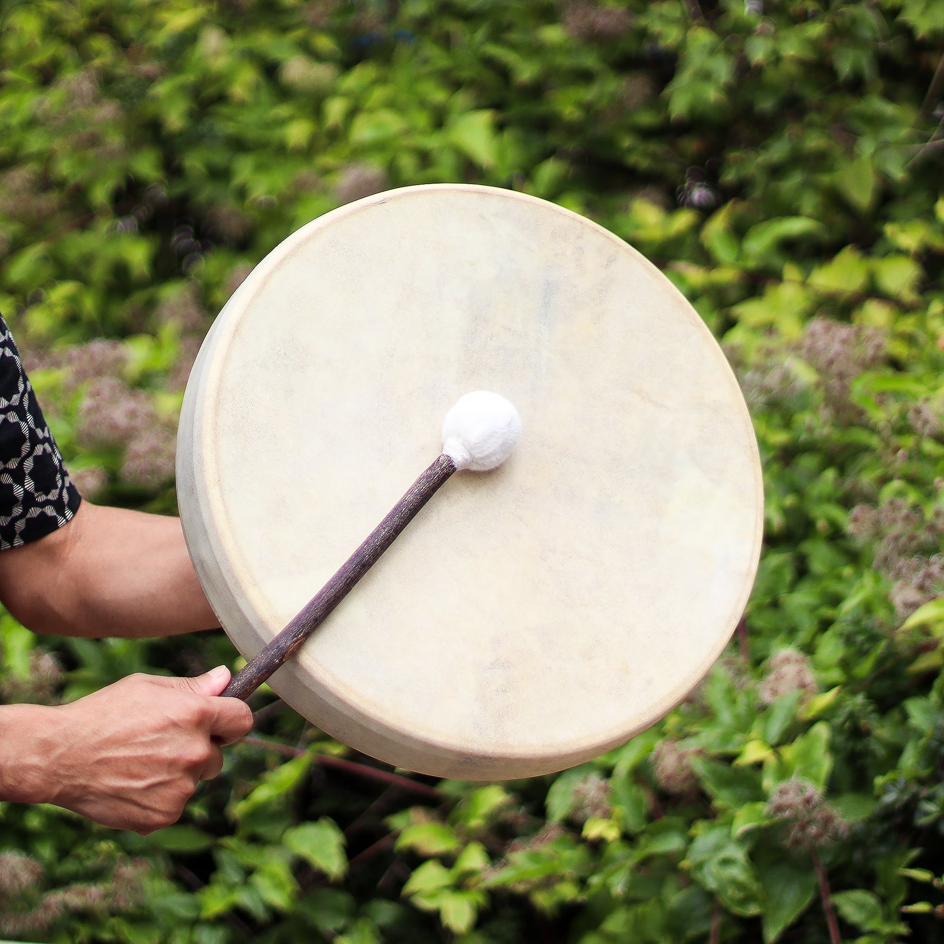 40cm Handmade Tuneable Shaman Drum, Beater Stick and Tuner - Spirit of the Bear product packaging on clean background from Quintessential Holistic Health Ltd