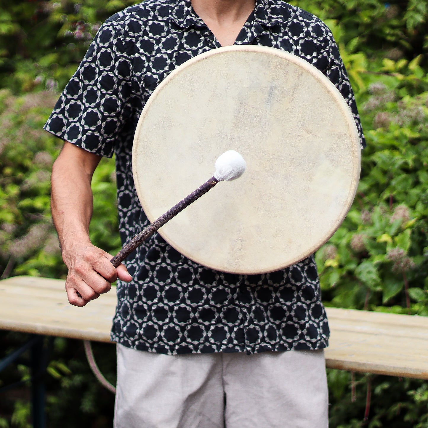 40cm Handmade Tuneable Shaman Drum, Beater Stick and Tuner - Spirit of the Bear product packaging on clean background from Quintessential Holistic Health Ltd