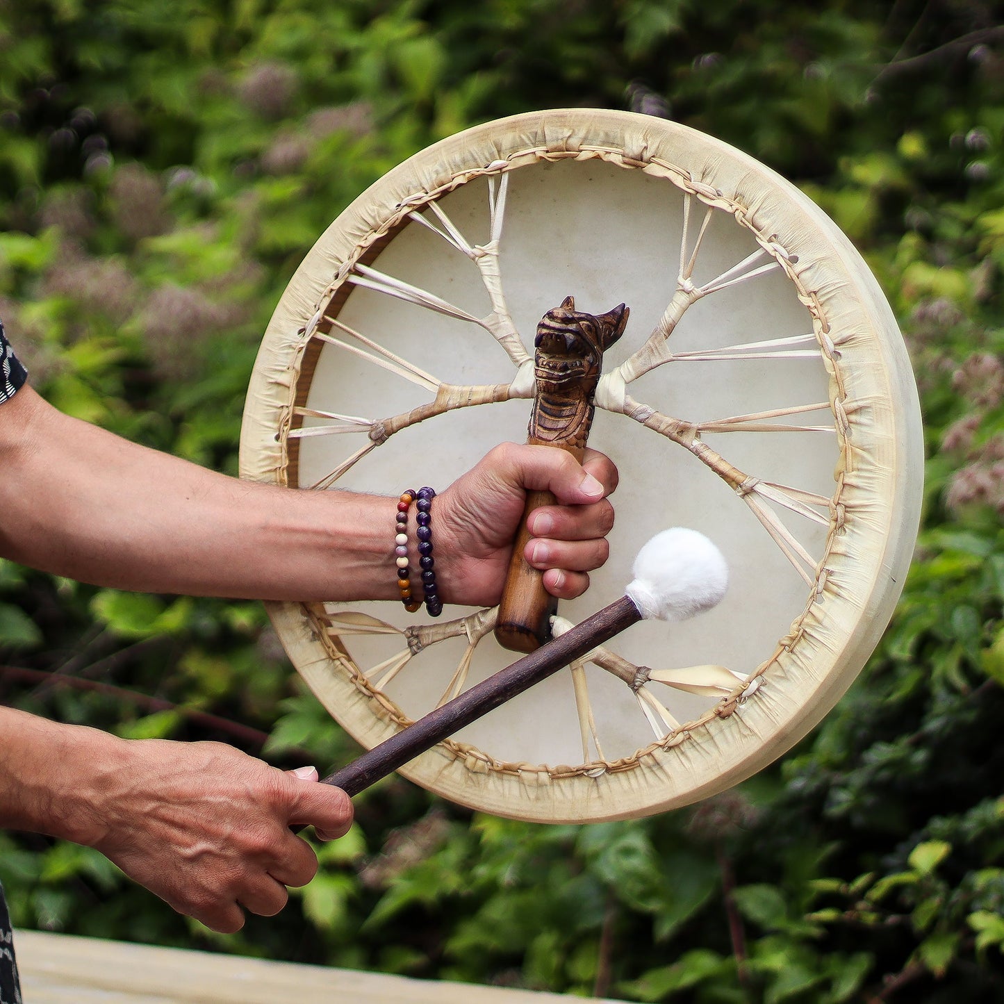 40cm Handmade Tuneable Shaman Drum, Beater Stick and Tuner - Spirit of the Dragon product packaging on clean background from Quintessential Holistic Health Ltd