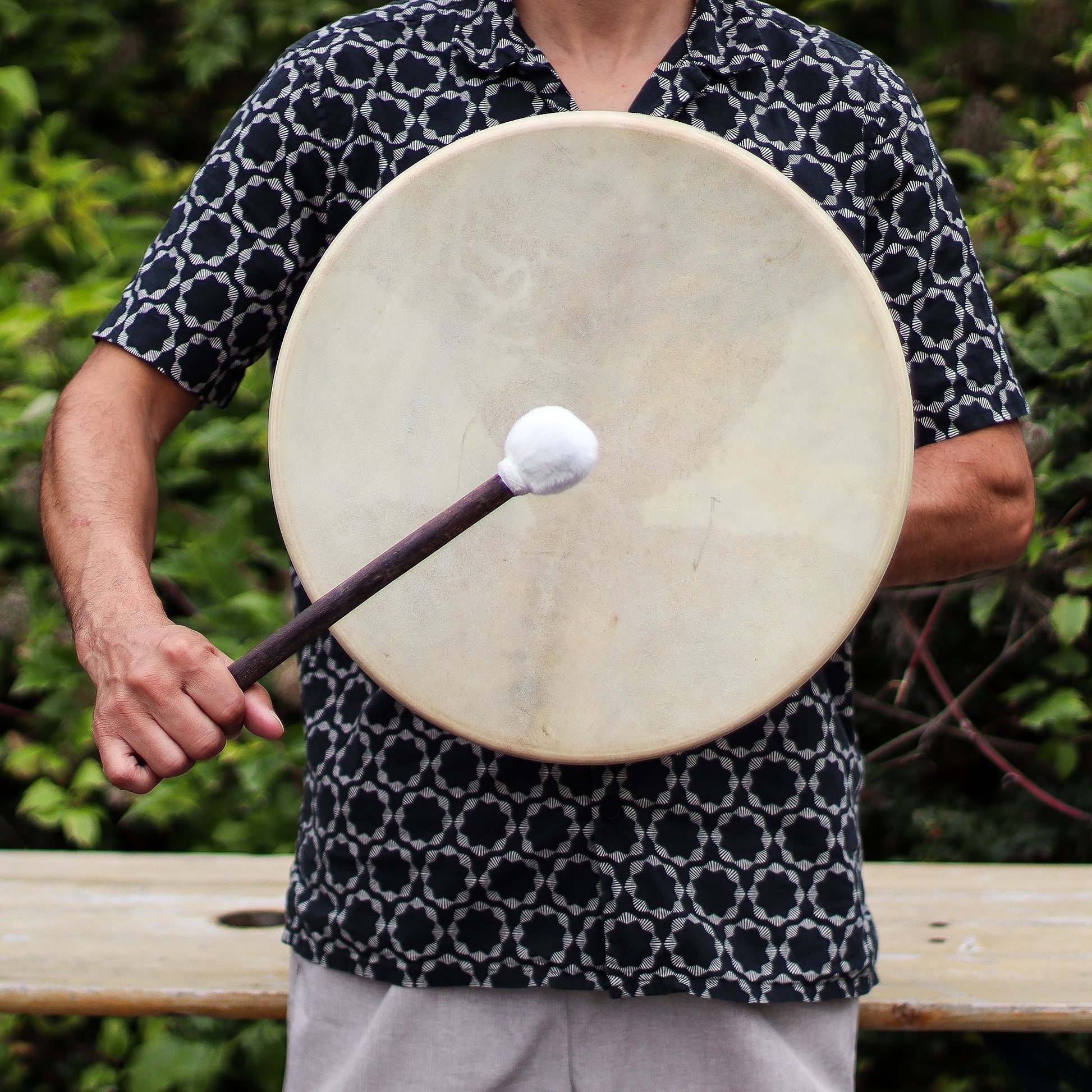 40cm Handmade Tuneable Shaman Drum, Beater Stick and Tuner - Spirit of the Dragon product packaging on clean background from Quintessential Holistic Health Ltd