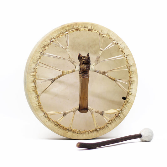 40cm Handmade Tuneable Shaman Drum, Beater Stick and Tuner - Spirit of the Dragon product packaging on clean background from Quintessential Holistic Health Ltd