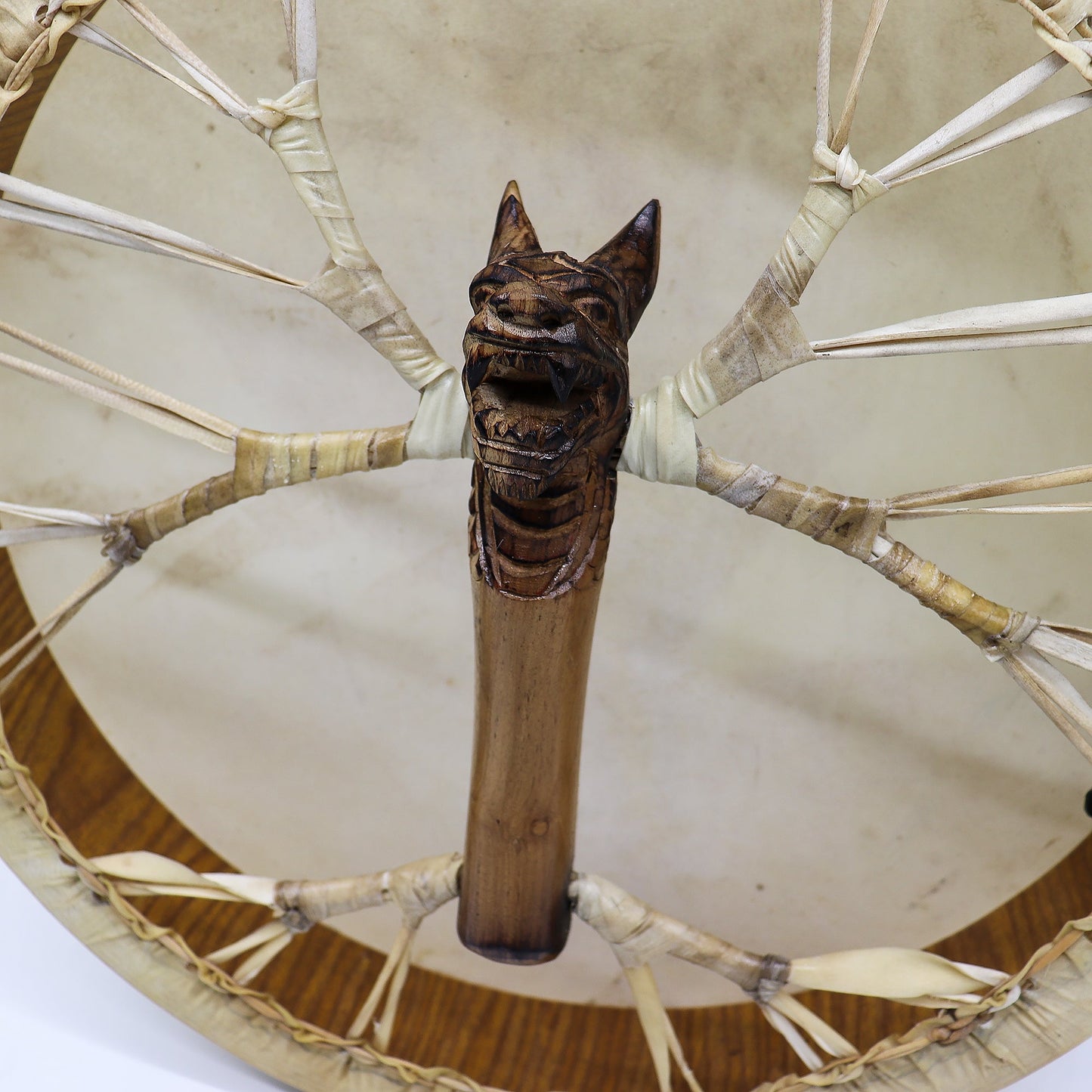 40cm Handmade Tuneable Shaman Drum, Beater Stick and Tuner - Spirit of the Dragon product packaging on clean background from Quintessential Holistic Health Ltd