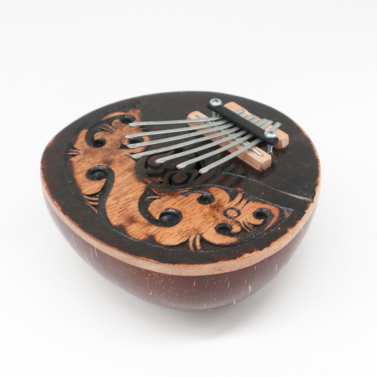 Handcrafted Coconut Shell Kalimba Thumb Piano - Antique Coconut product packaging on clean background from Quintessential Holistic Health Ltd