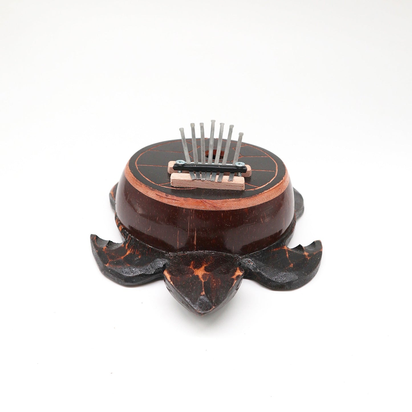 Handcrafted Coconut Shell Kalimba Thumb Piano - Antique Turtle product packaging on clean background from Quintessential Holistic Health Ltd