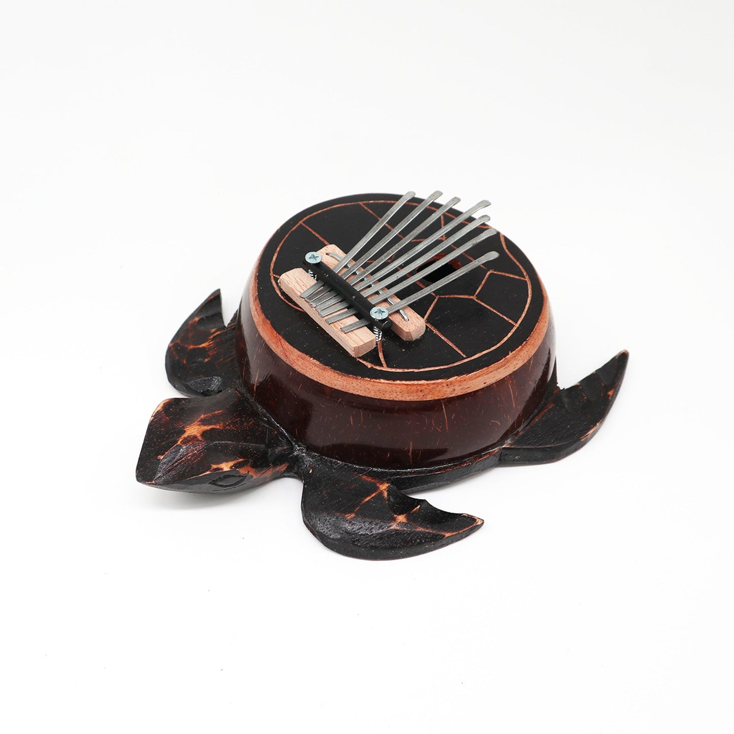 Handcrafted Coconut Shell Kalimba Thumb Piano - Antique Turtle product packaging on clean background from Quintessential Holistic Health Ltd