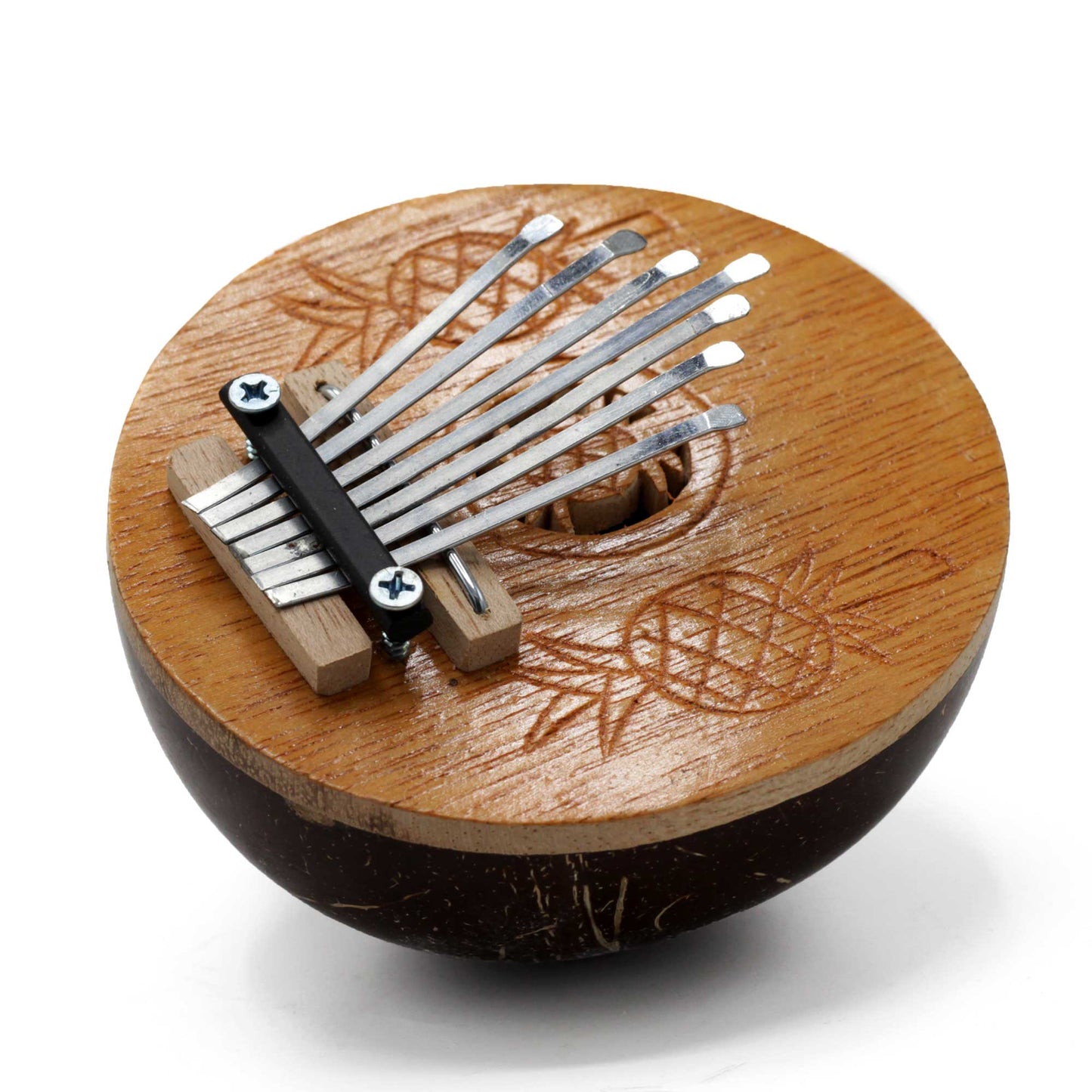 Handcrafted Coconut Shell Kalimba Thumb Piano - Mini Natural Coconut product packaging on clean background from Quintessential Holistic Health Ltd
