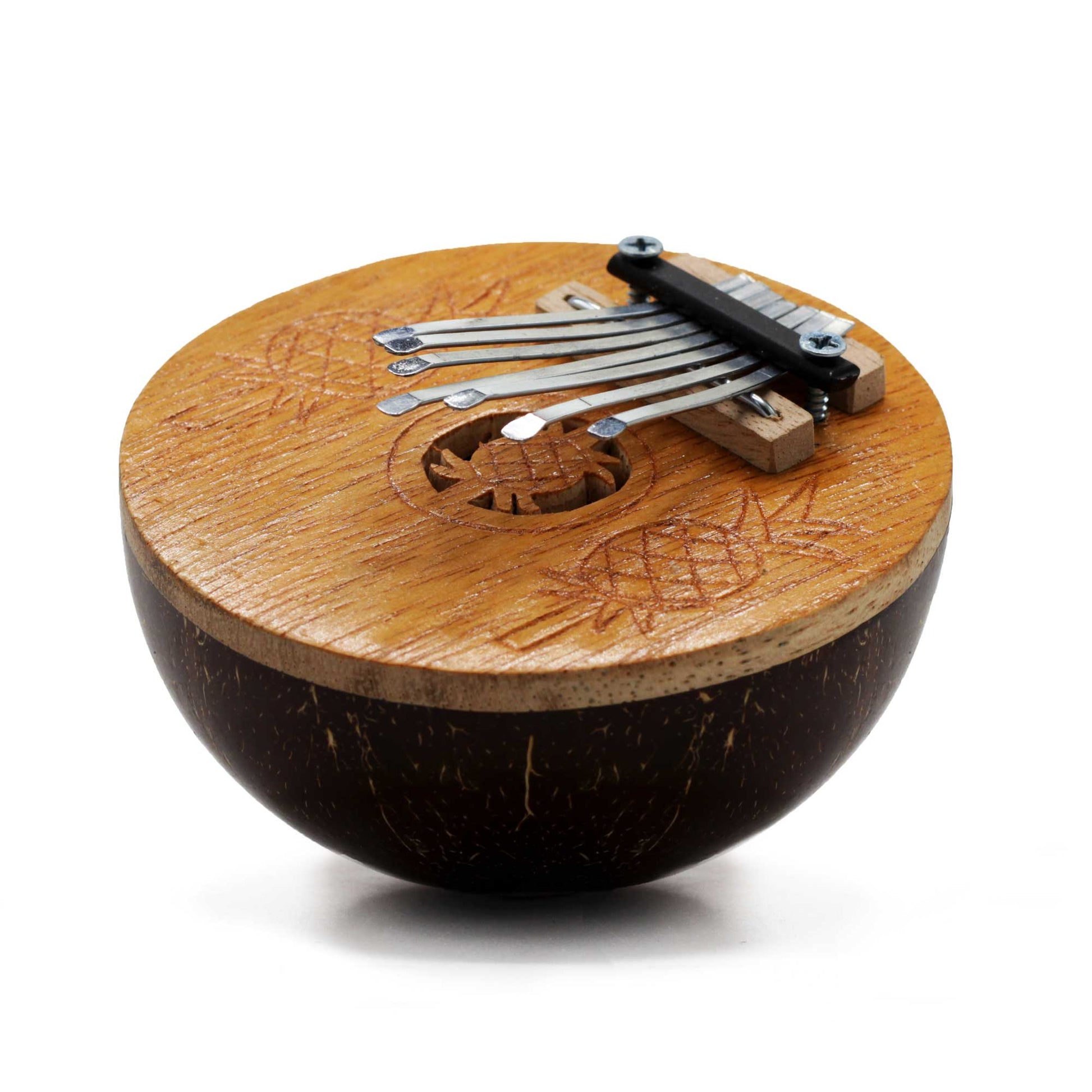 Handcrafted Coconut Shell Kalimba Thumb Piano - Mini Natural Coconut product packaging on clean background from Quintessential Holistic Health Ltd