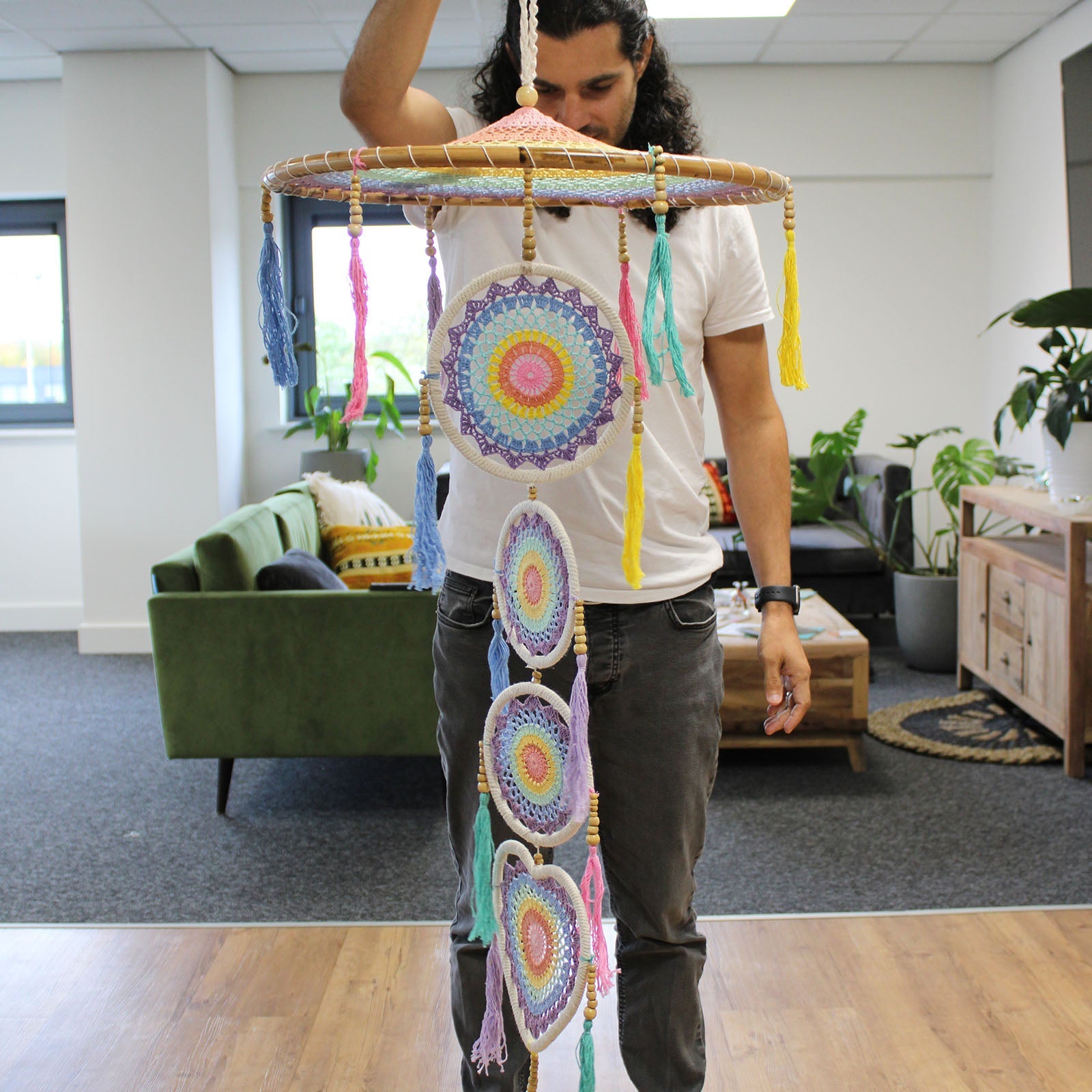 Handcrafted Rainbow Dreamcatcher - Extra Large / Tiered / Pastel Colours product packaging on clean background from Quintessential Holistic Health Ltd