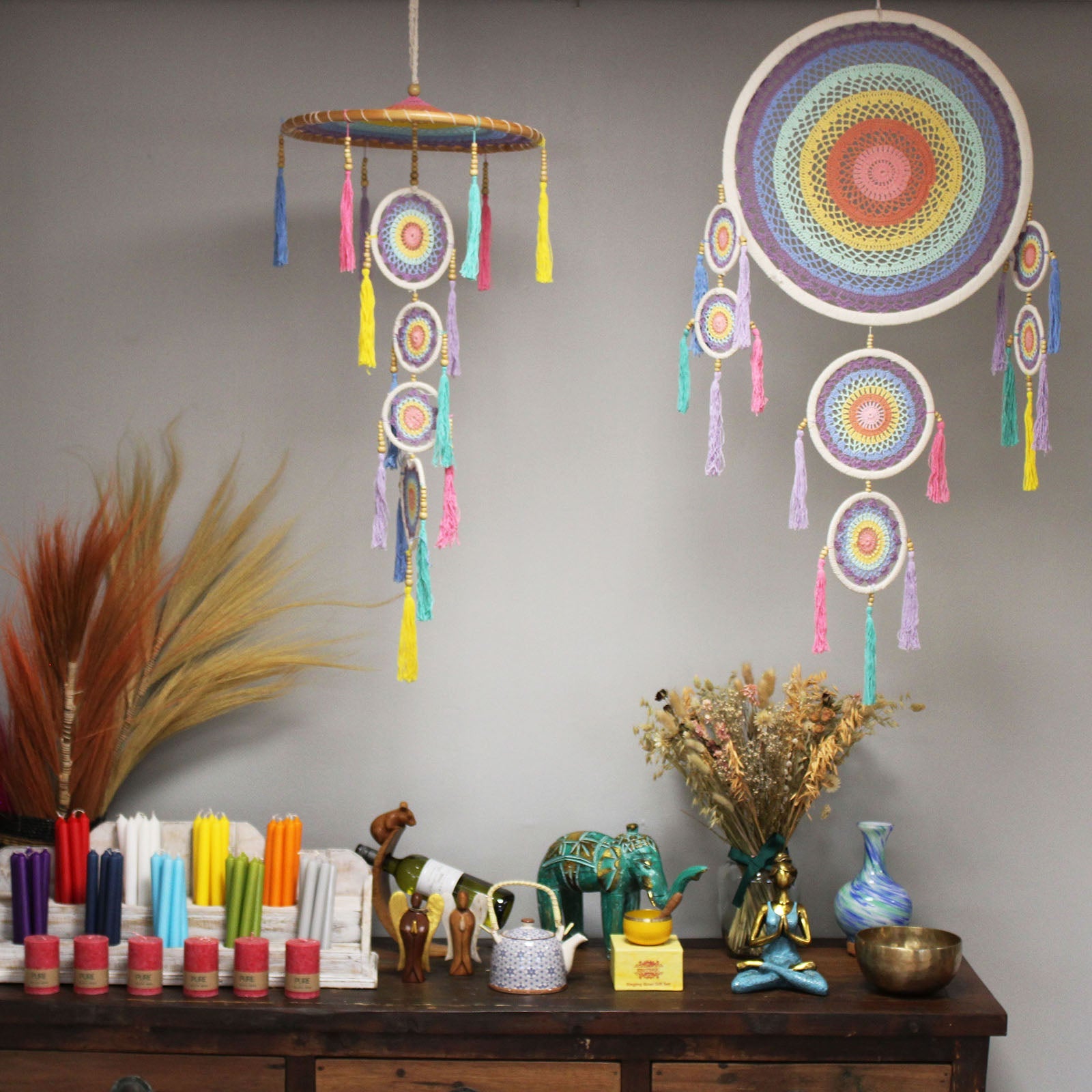 Handcrafted Rainbow Dreamcatcher - Large / Round / Pastel Colours product packaging on clean background from Quintessential Holistic Health Ltd