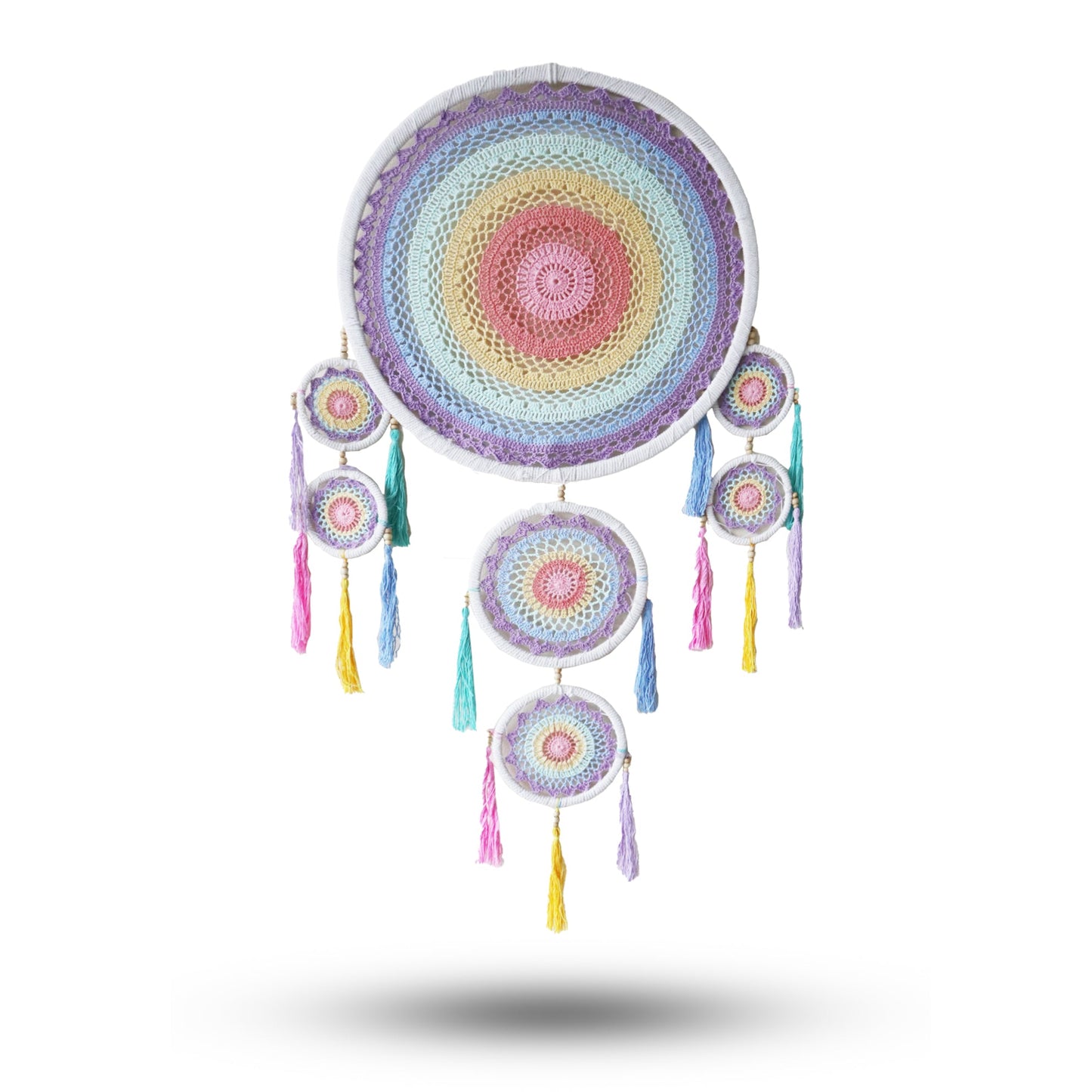 Handcrafted Rainbow Dreamcatcher - Large / Round / Pastel Colours product packaging on clean background from Quintessential Holistic Health Ltd