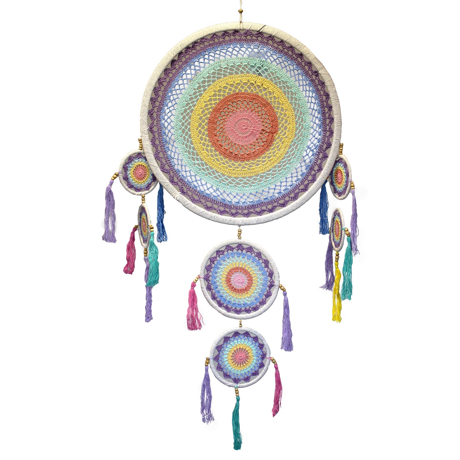Handcrafted Rainbow Dreamcatcher - Large / Round / Pastel Colours product packaging on clean background from Quintessential Holistic Health Ltd