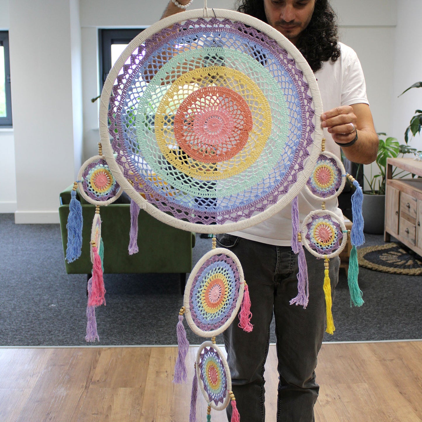 Handcrafted Rainbow Dreamcatcher - Large / Round / Pastel Colours product packaging on clean background from Quintessential Holistic Health Ltd