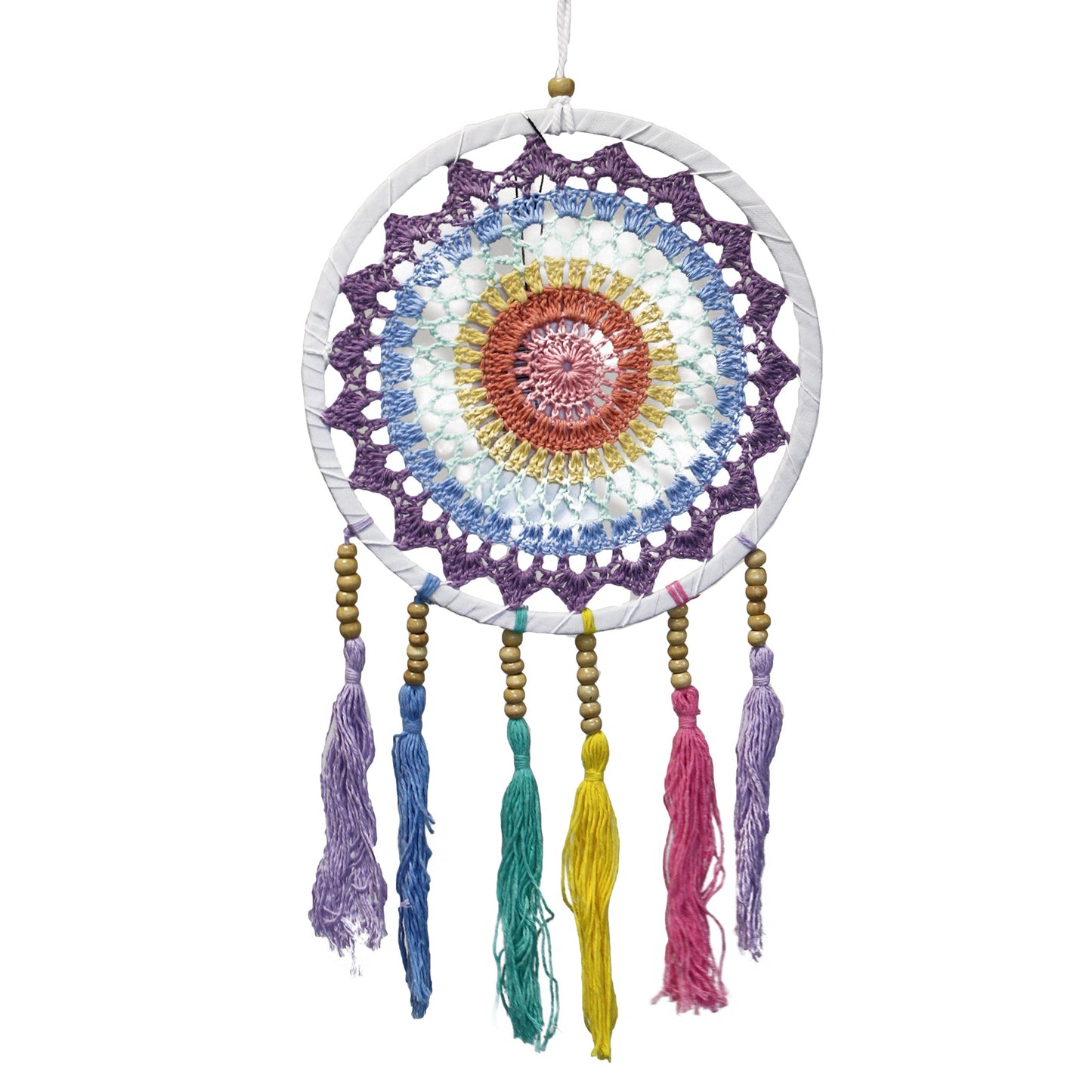 Handcrafted Rainbow Dreamcatcher - Small / Round / Pastel Colours product packaging on clean background from Quintessential Holistic Health Ltd