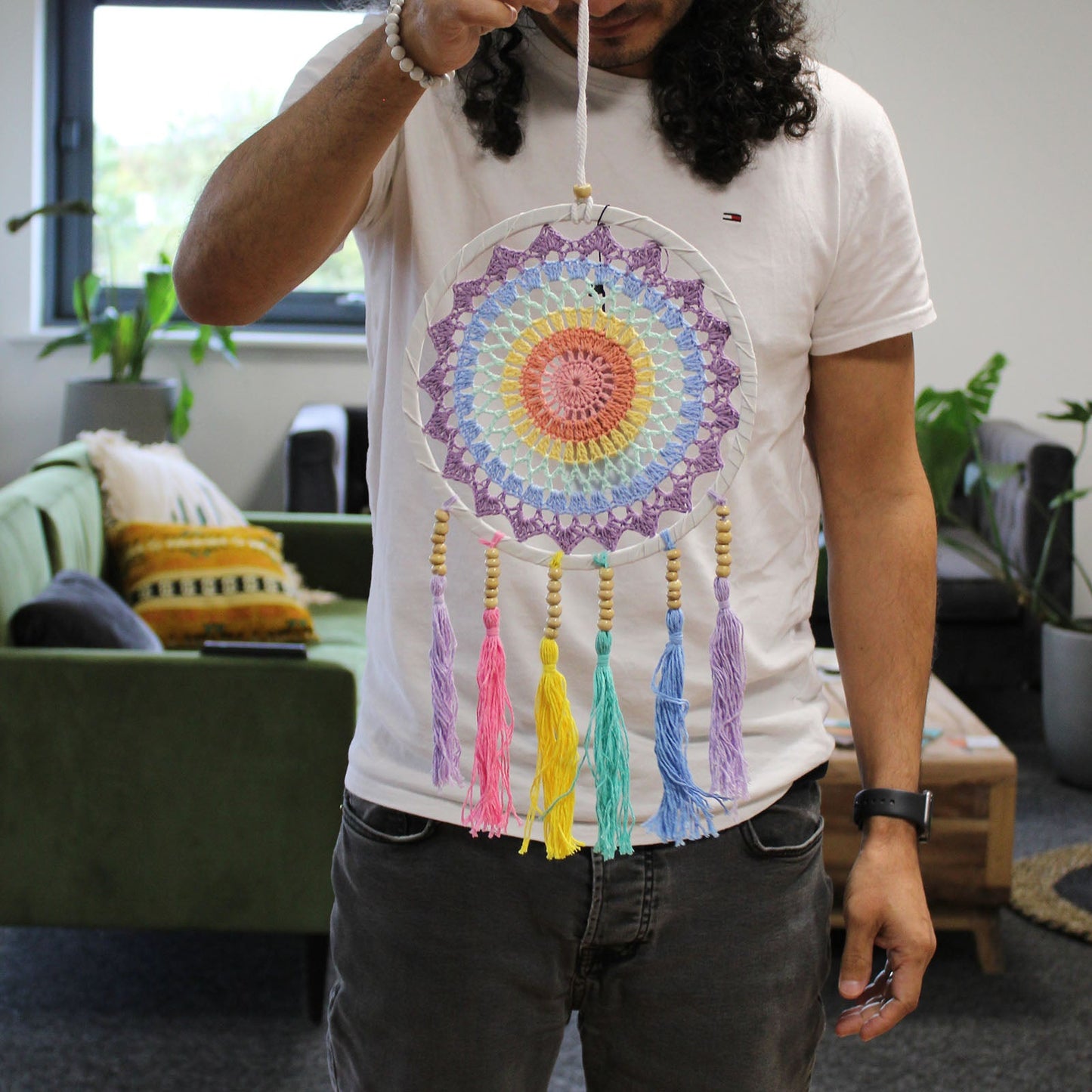 Handcrafted Rainbow Dreamcatcher - Small / Round / Pastel Colours product packaging on clean background from Quintessential Holistic Health Ltd