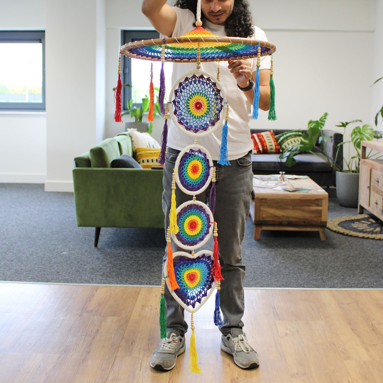 Handcrafted Rainbow Dreamcatcher - Extra Large / Tiered / Vivid Colours product packaging on clean background from Quintessential Holistic Health Ltd