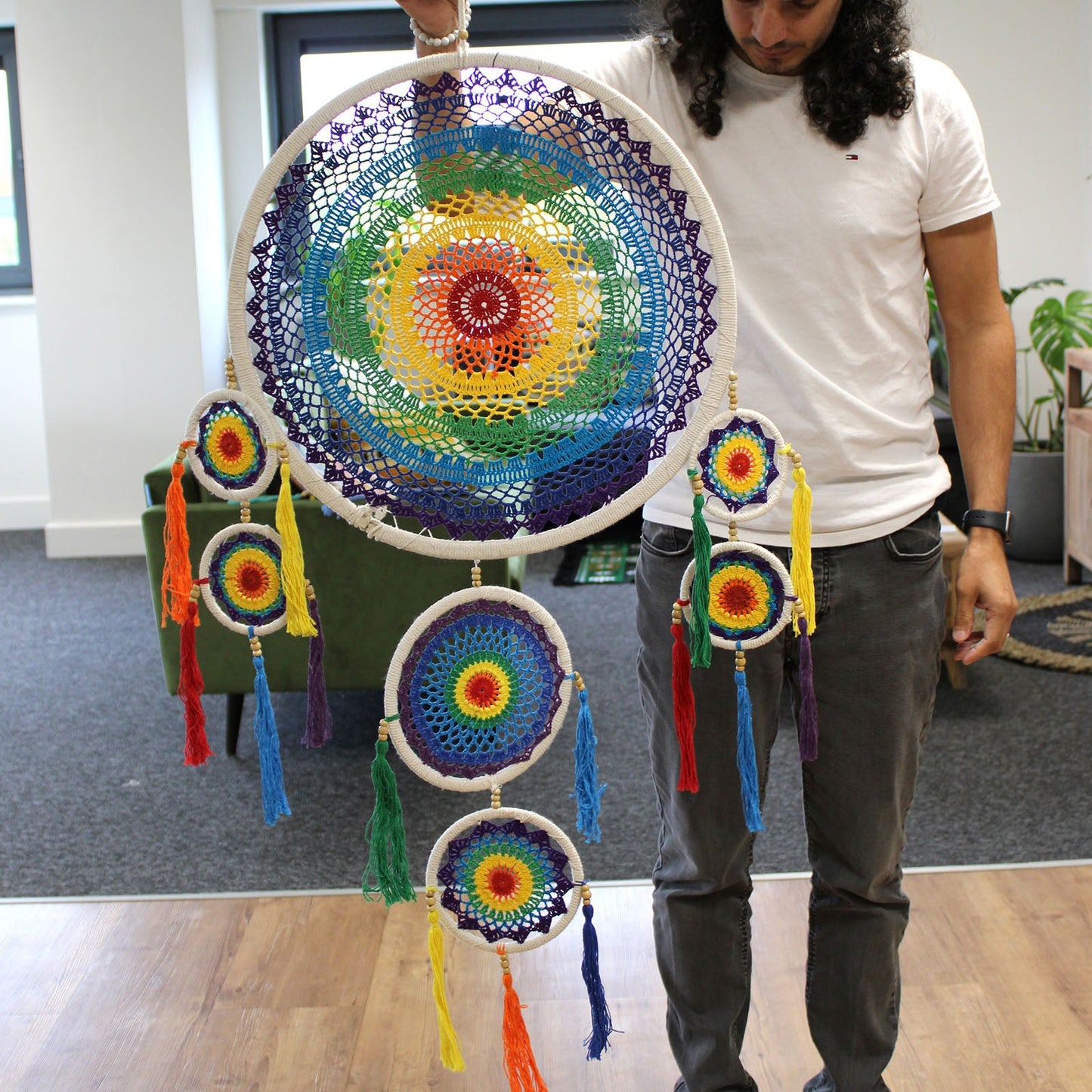 Handcrafted Rainbow Dreamcatcher - Large / Round / Vivid Colours product packaging on clean background from Quintessential Holistic Health Ltd