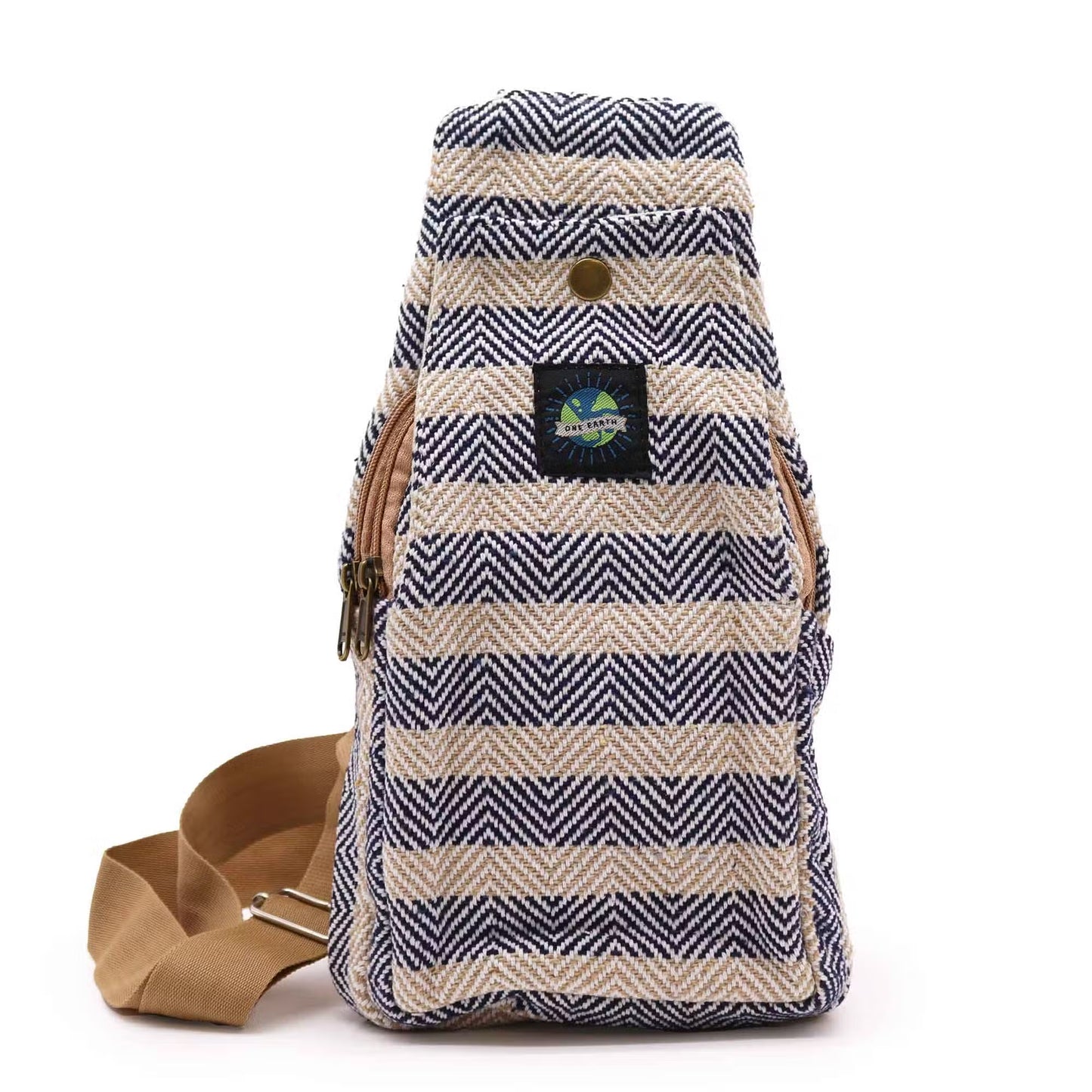 Striped Spacious and Stylish Natural Cotton Cross-Body Bag - Navy Blue and Beige