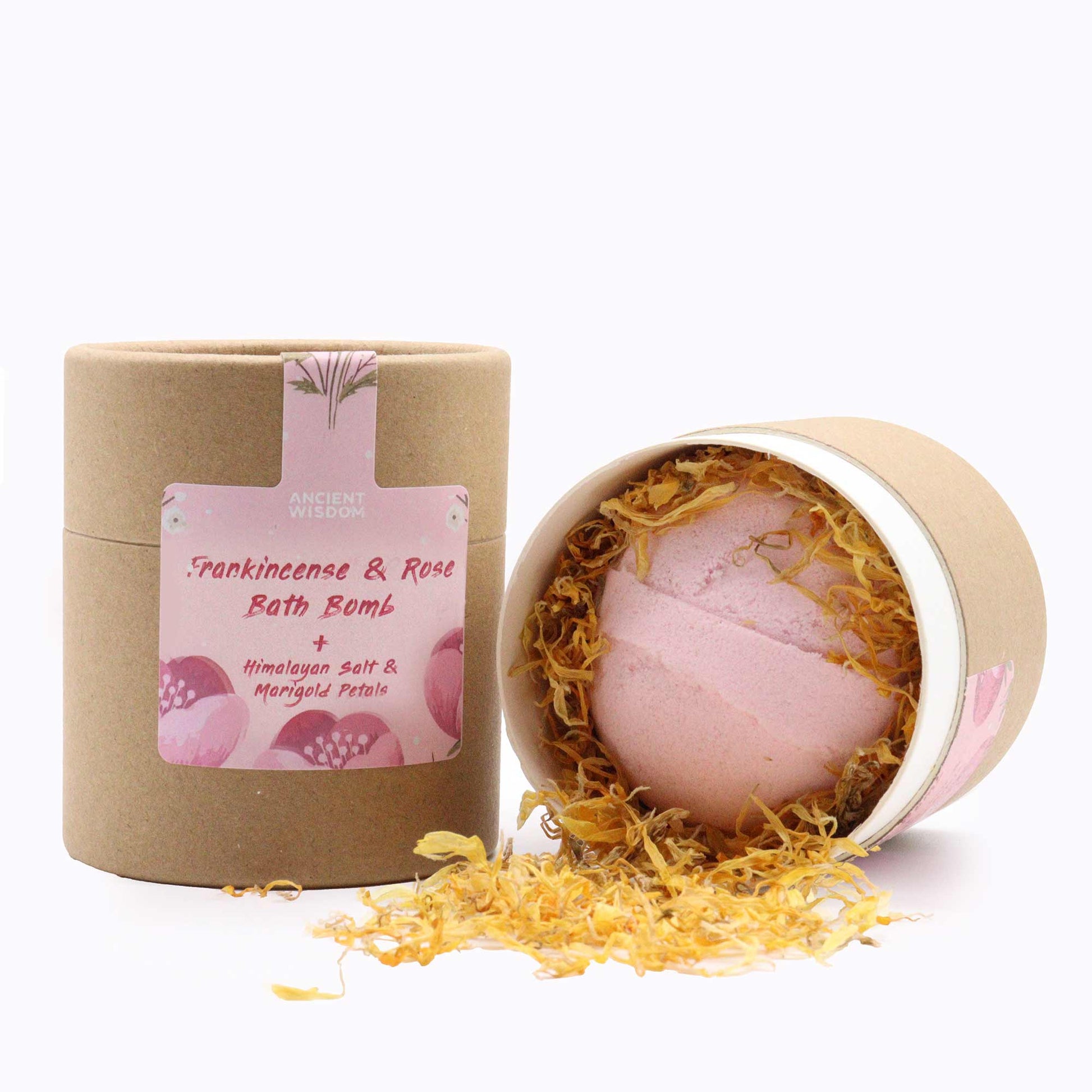 Handmade Aromatherapy Gift Set - Blooming Pink Bliss, kraft tube beside an open round box containing a pink flower-shaped item and petals by Quintessential Holistic Health Ltd
