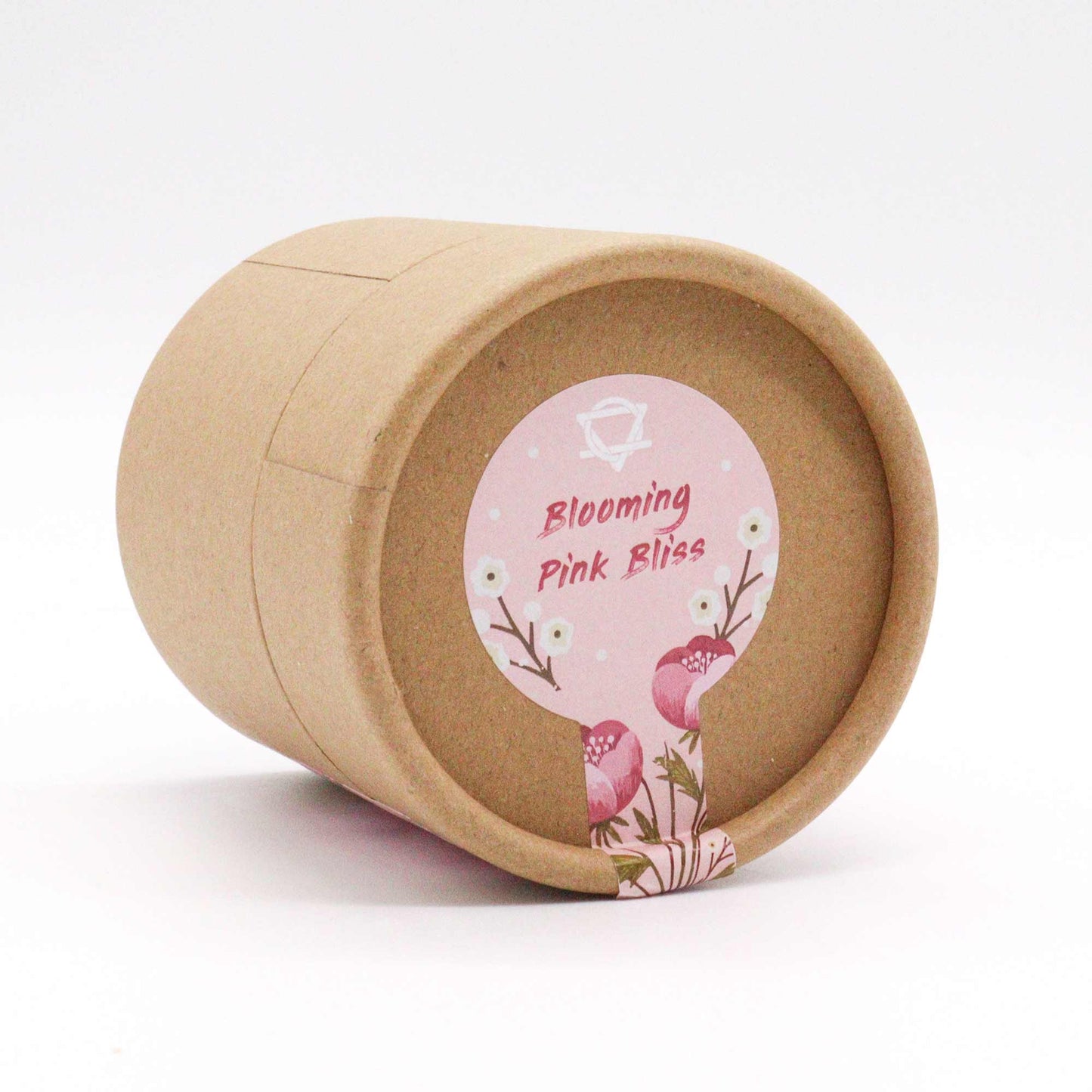 Handmade Aromatherapy Gift Set - Blooming Pink Bliss, kraft tube on its side with a circular pink floral label by Quintessential Holistic Health Ltd
