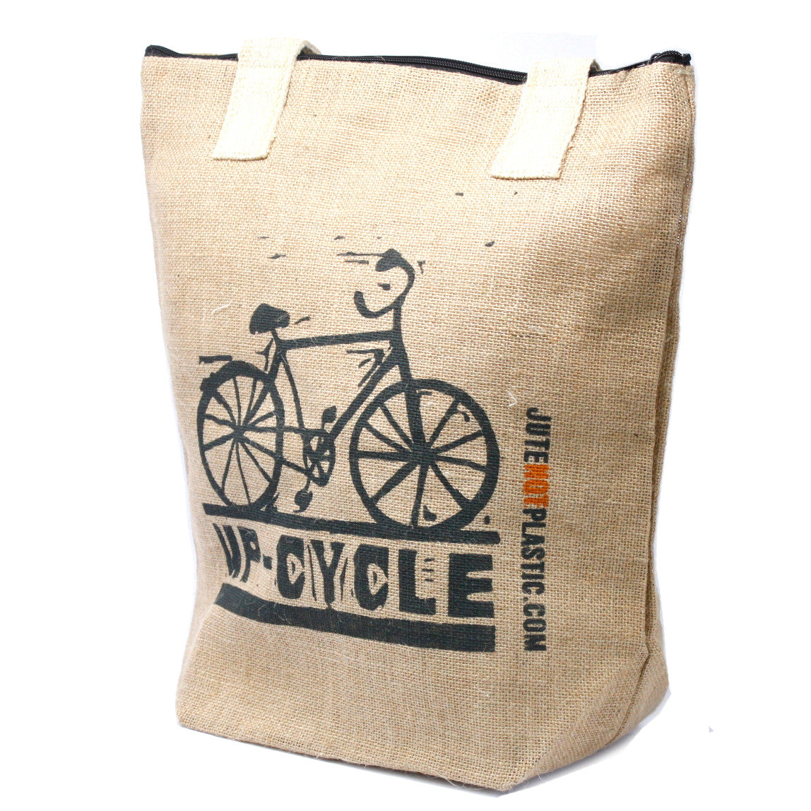 Eco-Friendly Jute Bag - Up Cycle - Random Black or Yellow, upright with a dark bicycle print and cream handles by Quintessential Holistic Health Ltd