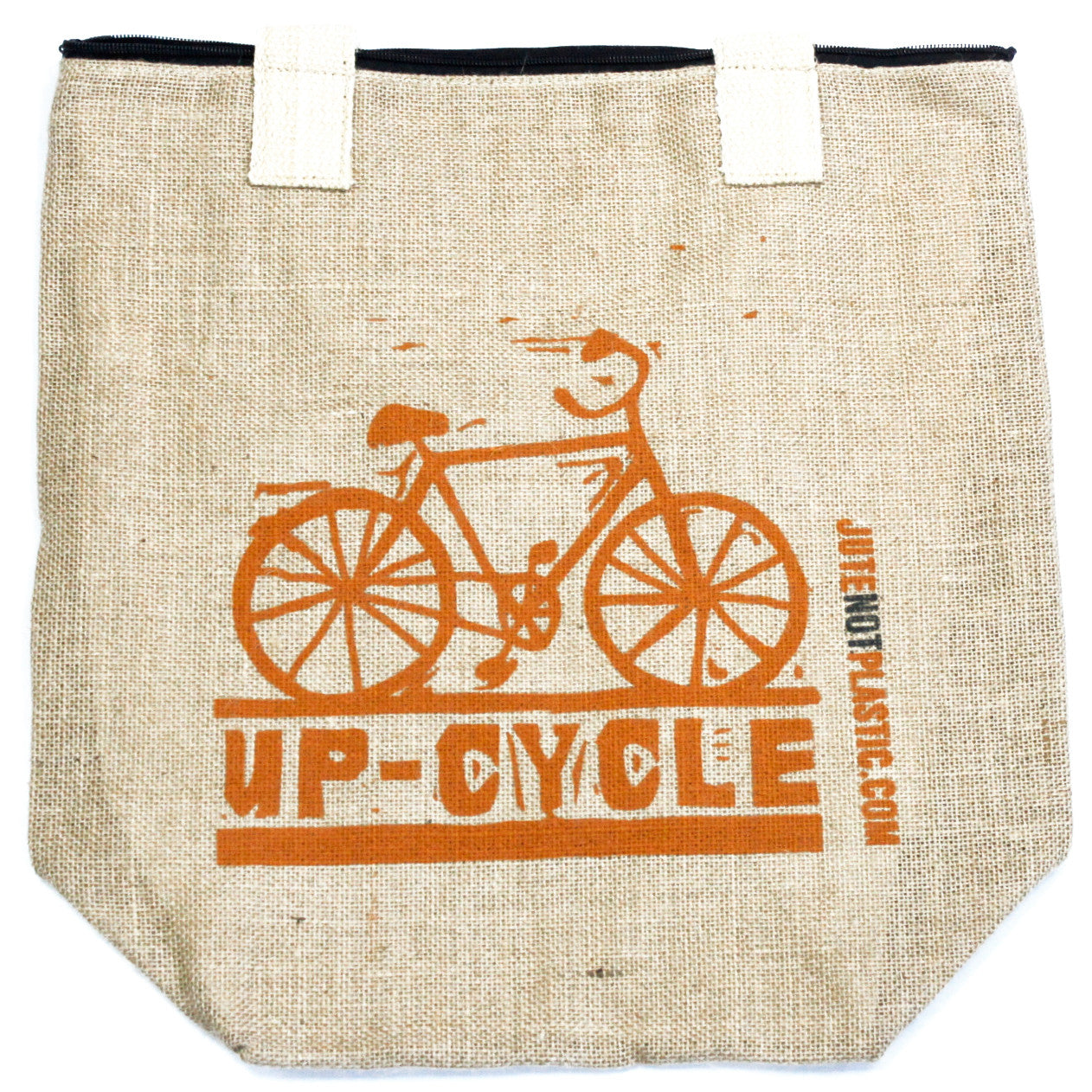 Eco-Friendly Jute Bag - Up Cycle - Random Black or Yellow, flat front view with an orange bicycle graphic by Quintessential Holistic Health Ltd