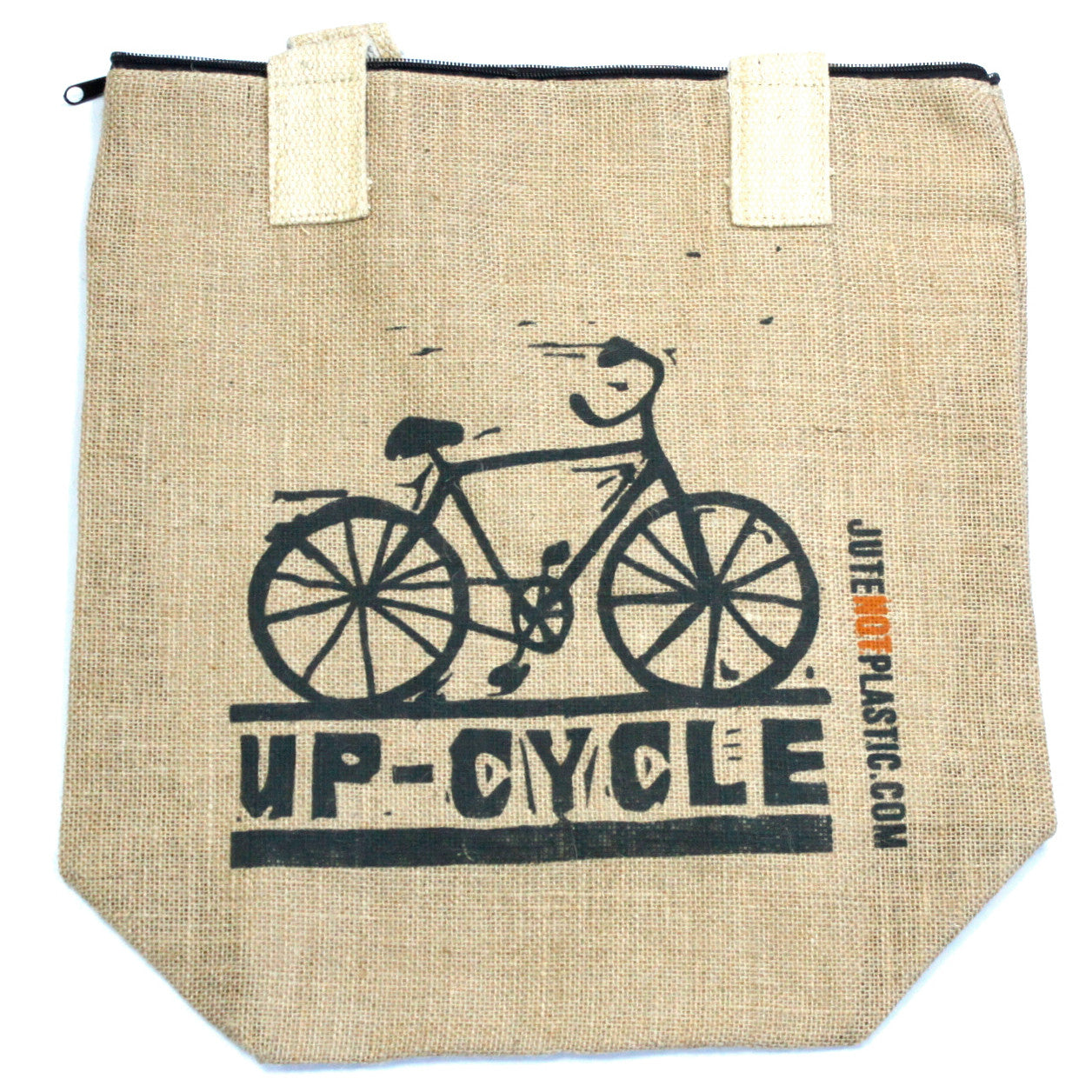 Eco-Friendly Jute Bag - Up Cycle - Random Black or Yellow, front view with a black bicycle graphic and UP-CYCLE text by Quintessential Holistic Health Ltd