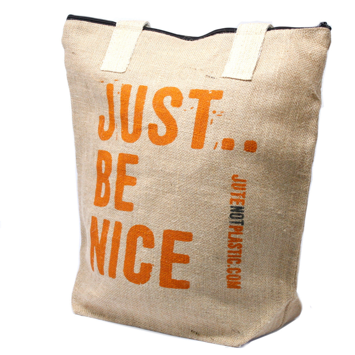 Eco-Friendly Jute Bag - Just Be Nice - Random Black or Yellow, with orange lettering, cream straps and a gusseted base by Quintessential Holistic Health Ltd