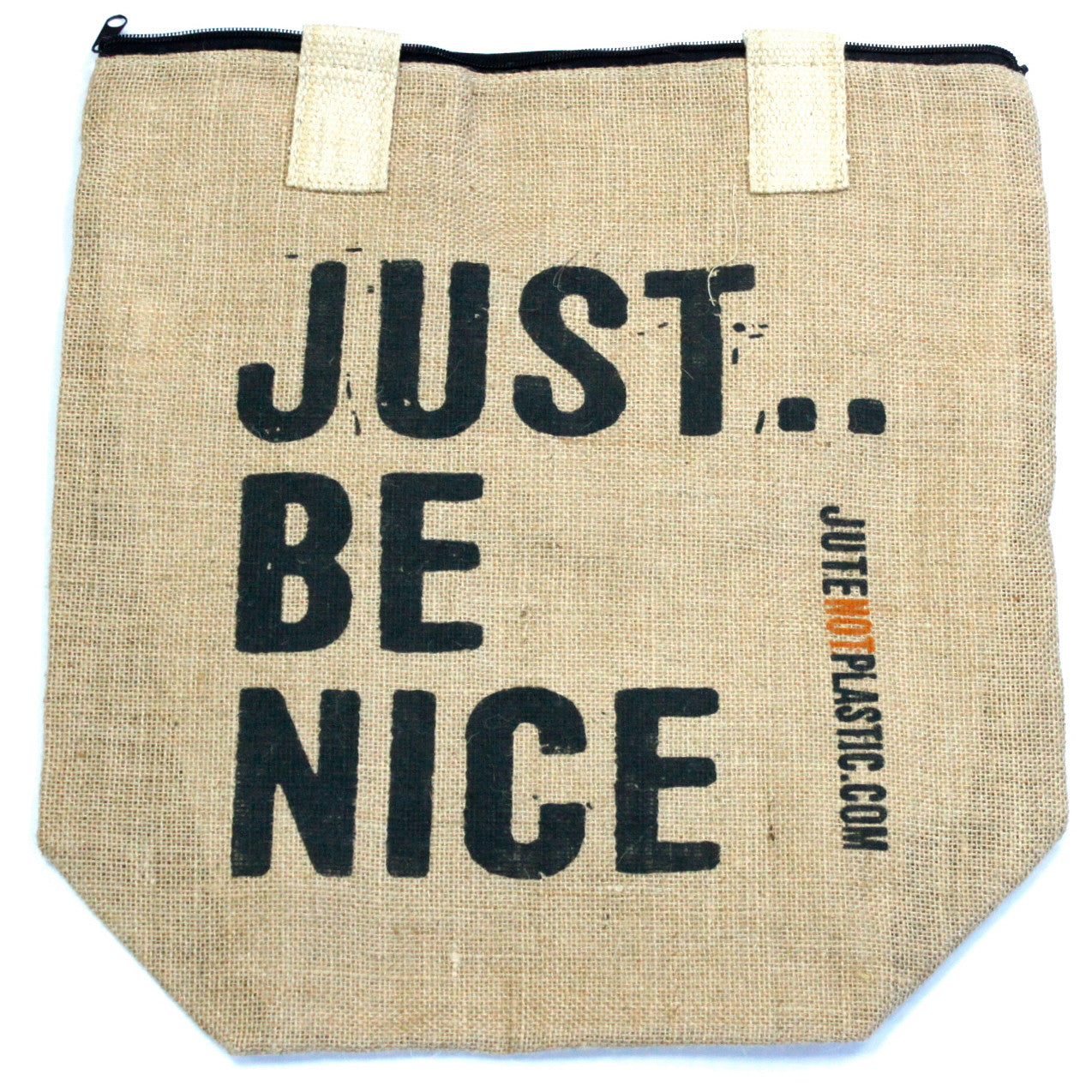 Eco-Friendly Jute Bag - Just Be Nice - Random Black or Yellow, with black lettering, cream straps and a flat front by Quintessential Holistic Health Ltd