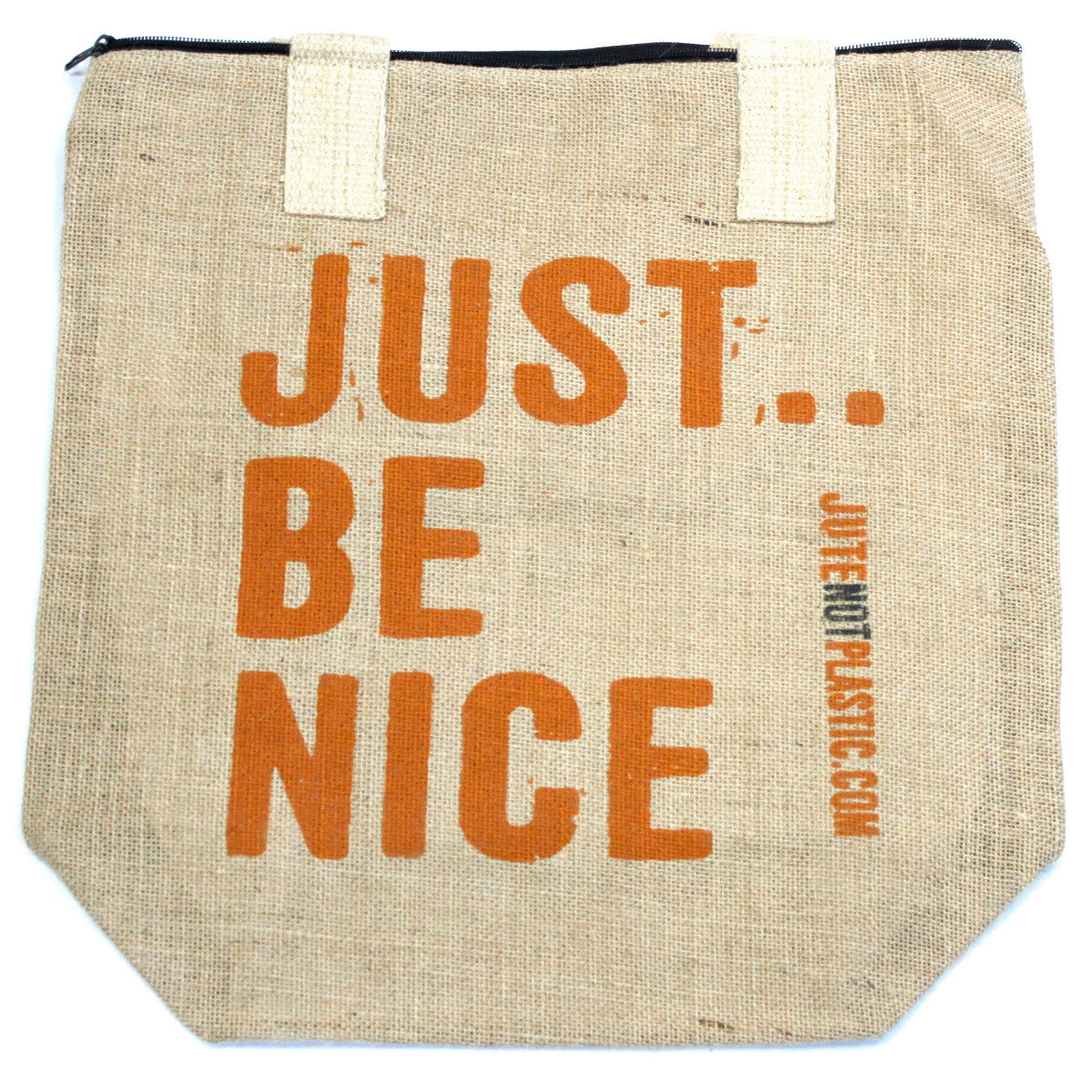 Eco-Friendly Jute Bag - Just Be Nice - Random Black or Yellow with large orange text and small vertical branding by Quintessential Holistic Health Ltd