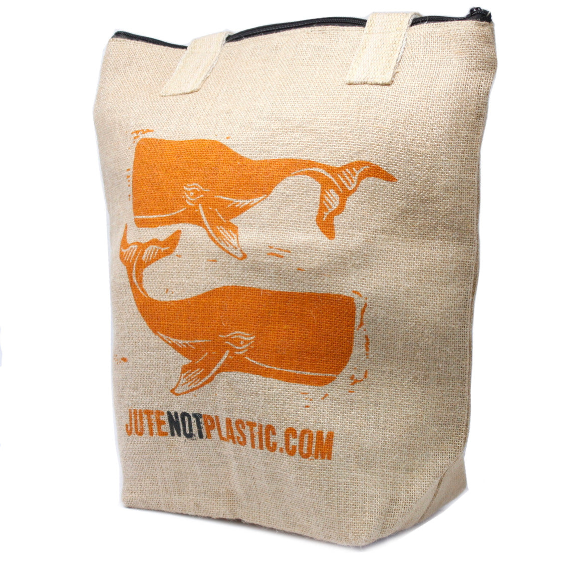 Eco-Friendly Jute Bag - Two Whales - Random Black or Yellow, upright with two orange whale prints and website text by Quintessential Holistic Health Ltd