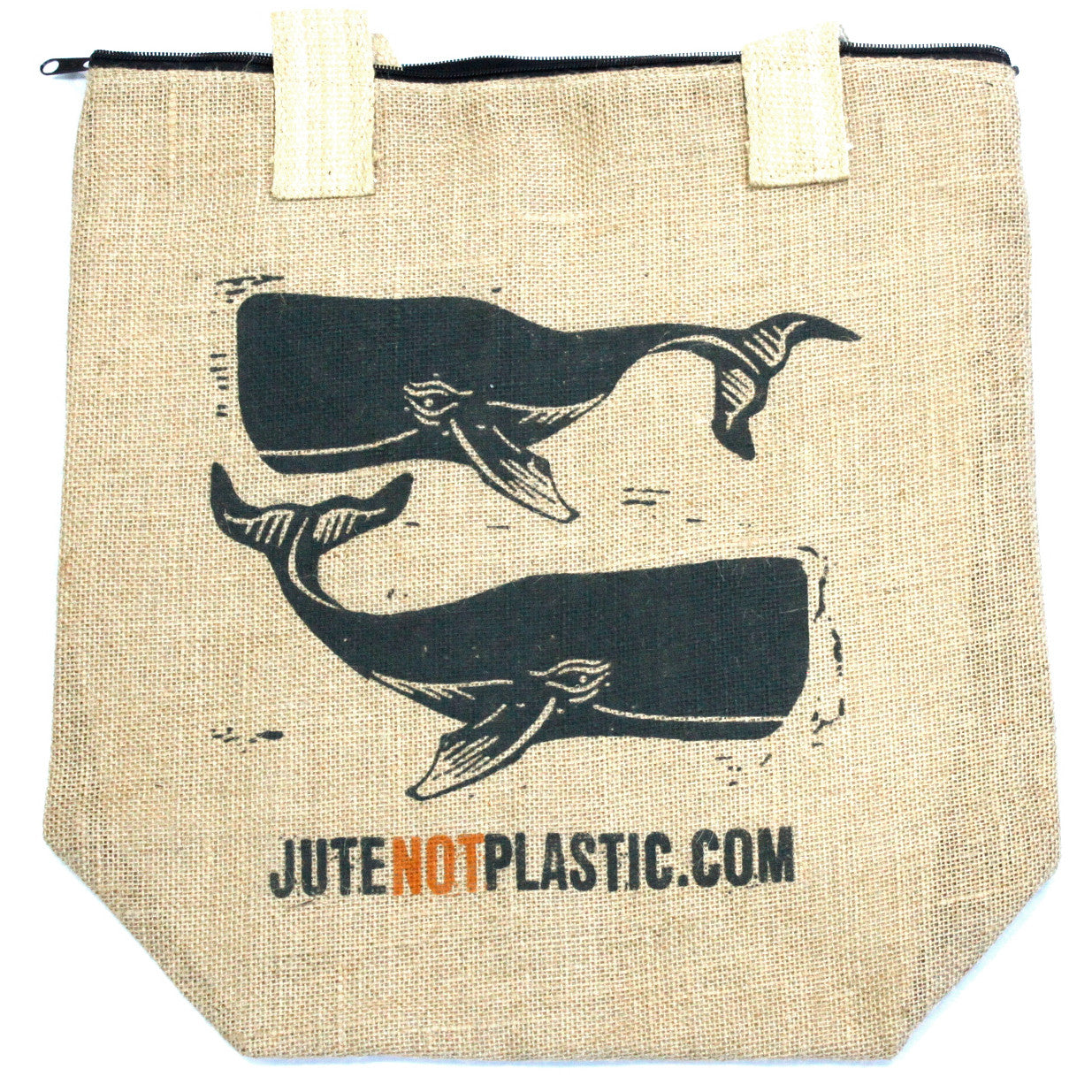 Eco-Friendly Jute Bag - Two Whales - Random Black or Yellow, flat front view with two black whale prints and website text by Quintessential Holistic Health Ltd