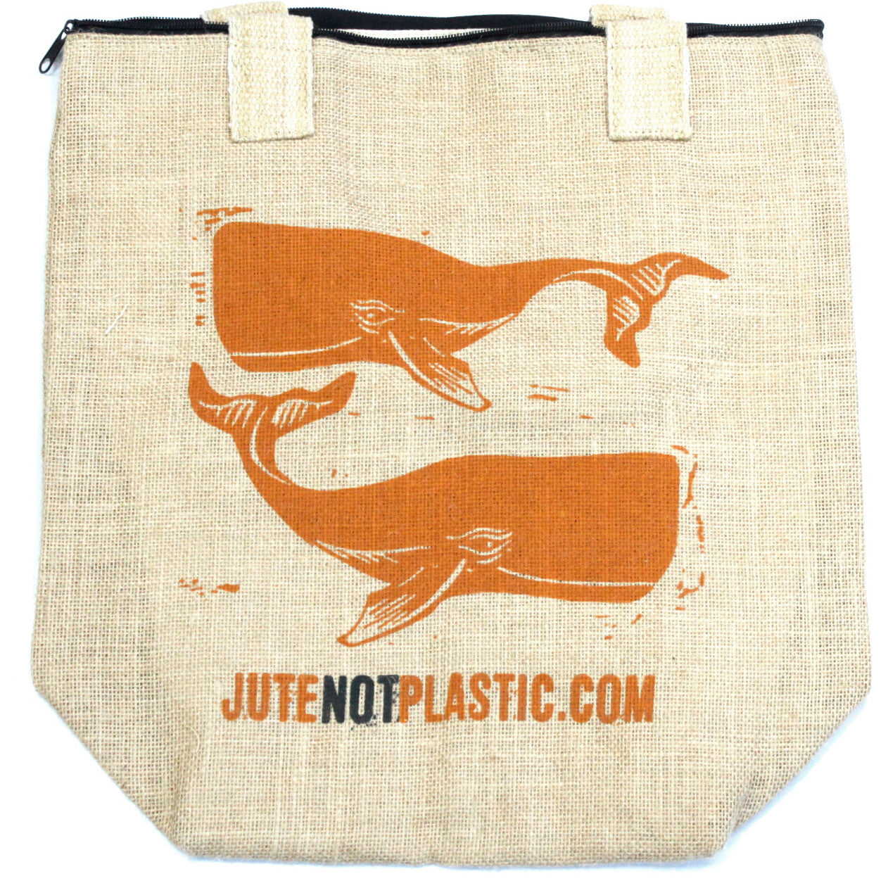Eco-Friendly Jute Bag - Two Whales - Random Black or Yellow, flat front view with two orange whale prints and website text by Quintessential Holistic Health Ltd