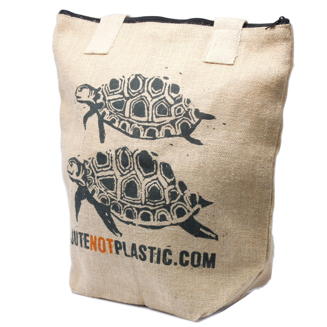 Eco-Friendly Jute Bag - Two Turtles - Random Black or Yellow, upright with two dark turtle prints and website text by Quintessential Holistic Health Ltd