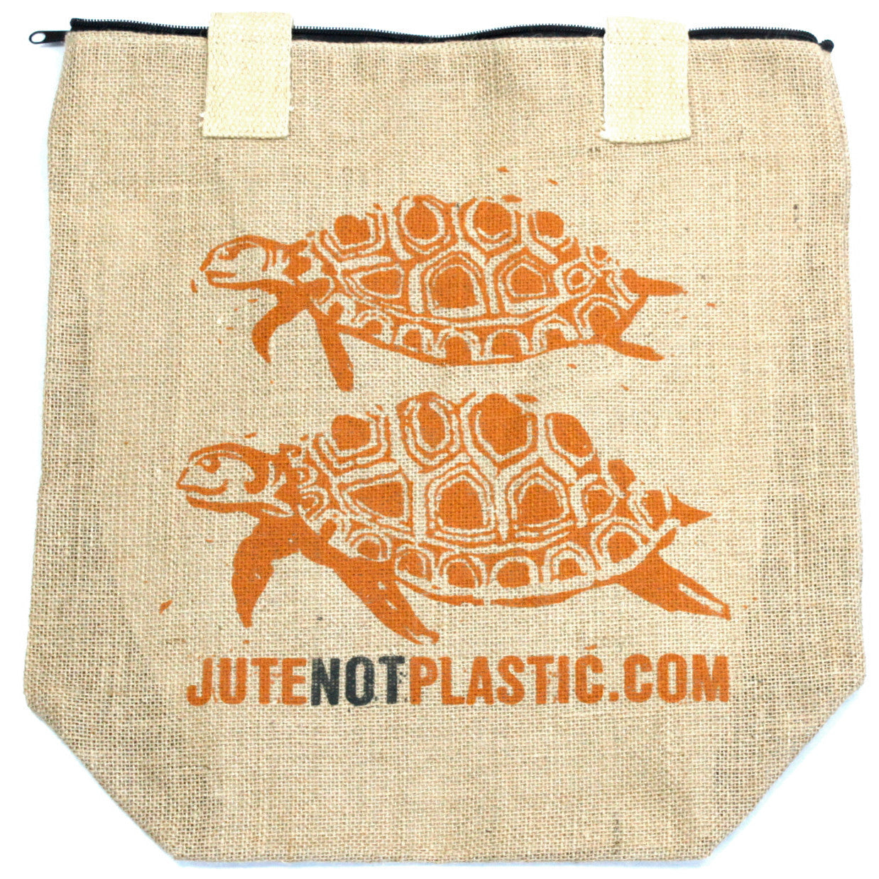 Eco-Friendly Jute Bag - Two Turtles - Random Black or Yellow, front view with two orange turtle prints and website text by Quintessential Holistic Health Ltd