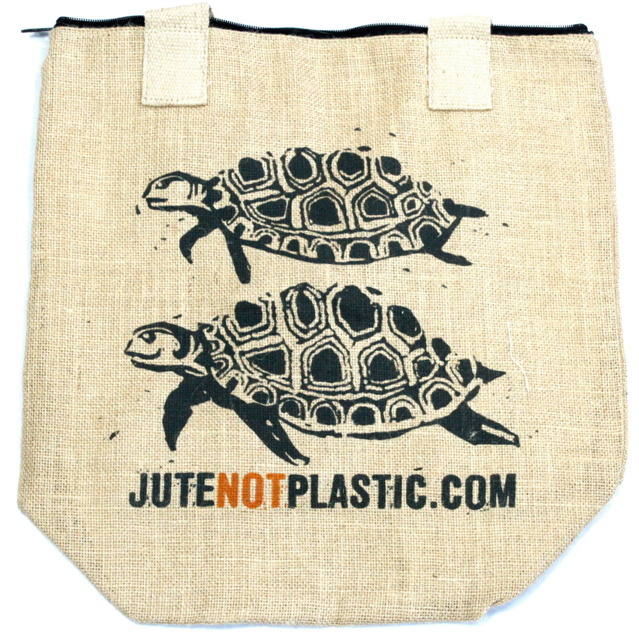 Eco-Friendly Jute Bag - Two Turtles - Random Black or Yellow, flat front view with two black turtle prints and website text by Quintessential Holistic Health Ltd