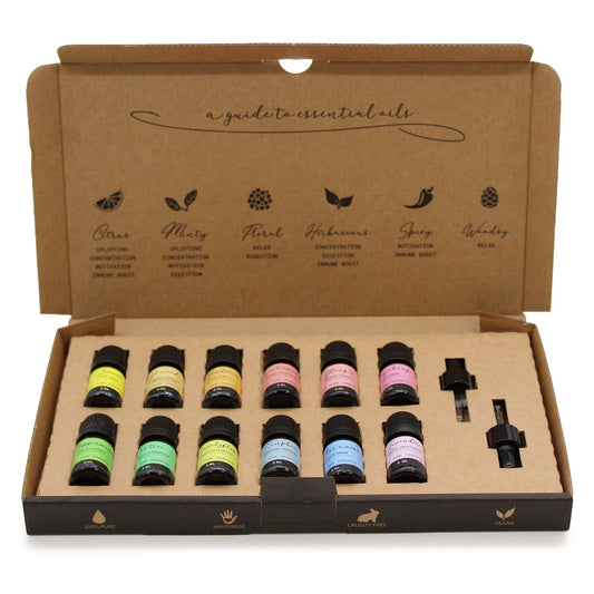 Vegan 100% Pure Aromatherapy Essential Oil Set - Starter Pack, open box with two rows of colourful bottles and two droppers by Quintessential Holistic Health Ltd