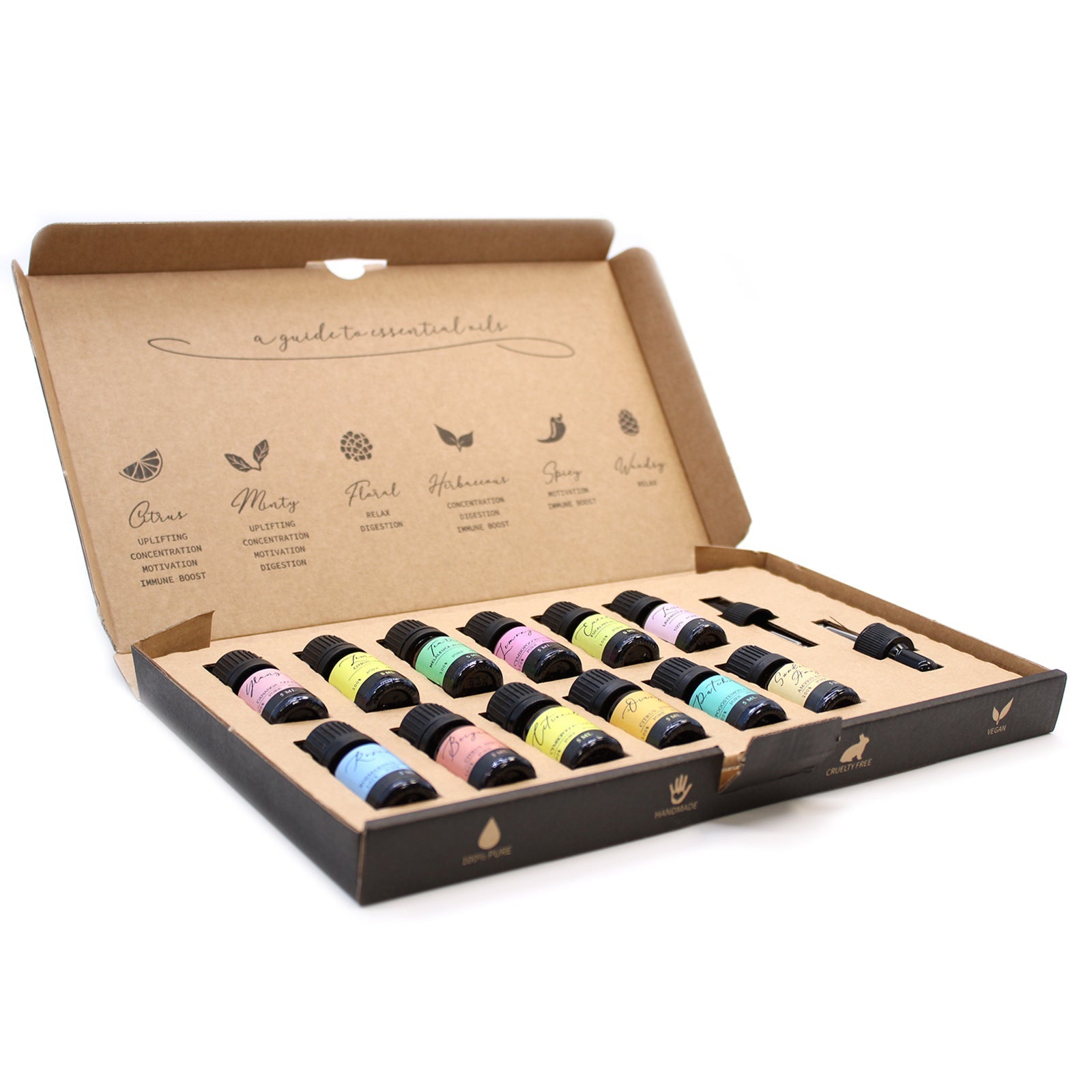 Vegan 100% Pure Aromatherapy Essential Oil Set - Top 12, open presentation box viewed diagonally with rows of colourful bottles by Quintessential Holistic Health Ltd