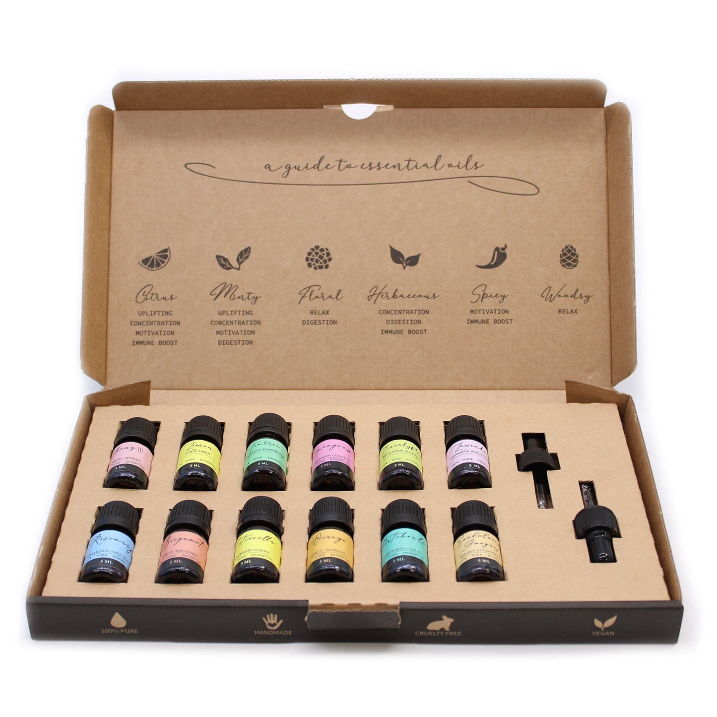 Vegan 100% Pure Aromatherapy Essential Oil Set - Top 12, open box displaying twelve colourful bottles and two droppers by Quintessential Holistic Health Ltd