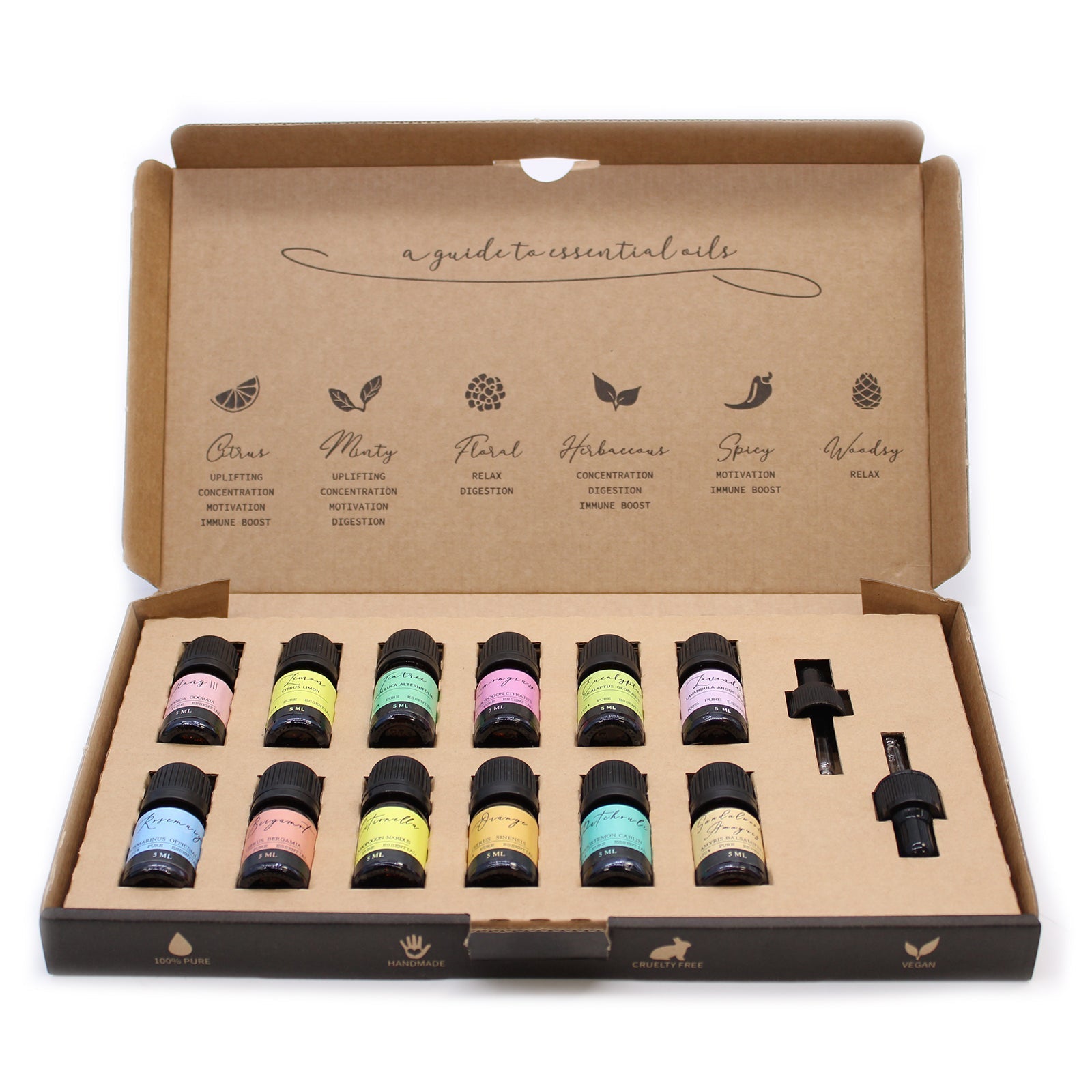 Vegan 100% Pure Aromatherapy Essential Oil Set - Top 12, open box displaying twelve colourful bottles and two droppers by Quintessential Holistic Health Ltd