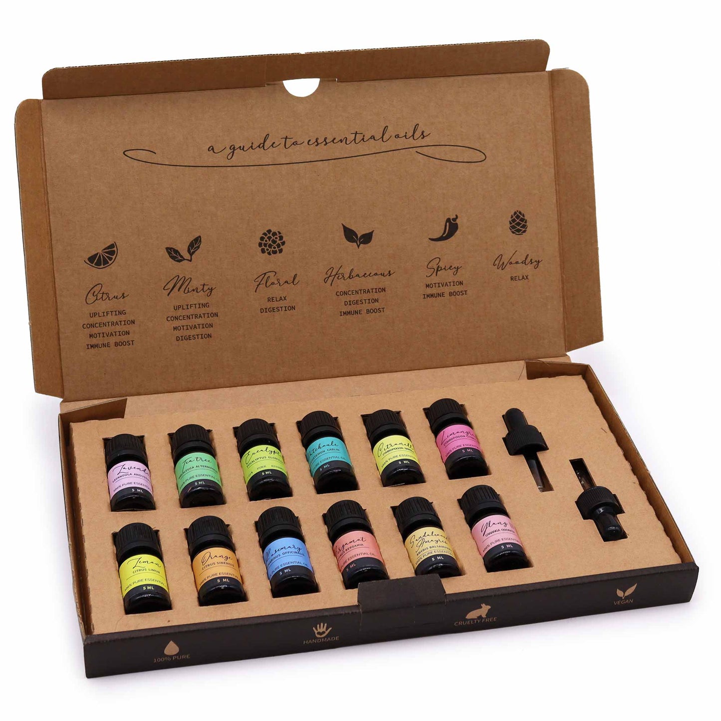Vegan 100% Pure Aromatherapy Essential Oil Set - Top 12, twelve colourful bottles arranged in two rows inside an open box by Quintessential Holistic Health Ltd