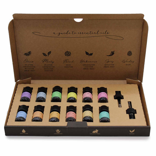 Vegan 100% Pure Aromatherapy Essential Oil Set - Autumn in an open brown box with small bottles in two rows and two droppers by Quintessential Holistic Health Ltd