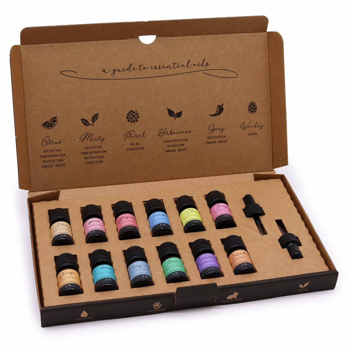Vegan 100% Pure Aromatherapy Essential Oil Set - Autumn in an open brown box with colourful bottle labels and two black droppers by Quintessential Holistic Health Ltd