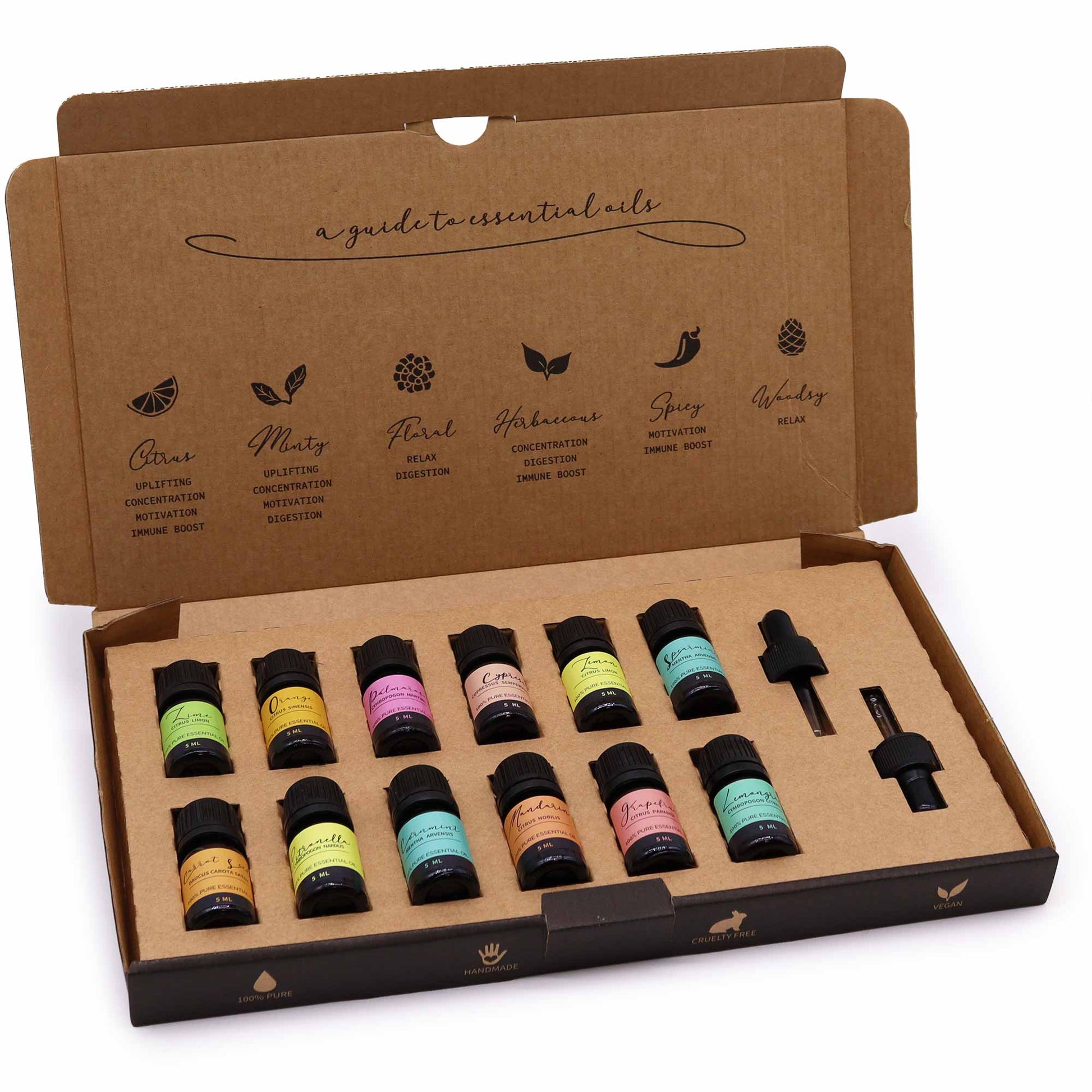 Vegan 100% Pure Aromatherapy Essential Oil Set - Summer, open box with two rows of colourful bottles and two droppers at right by Quintessential Holistic Health Ltd