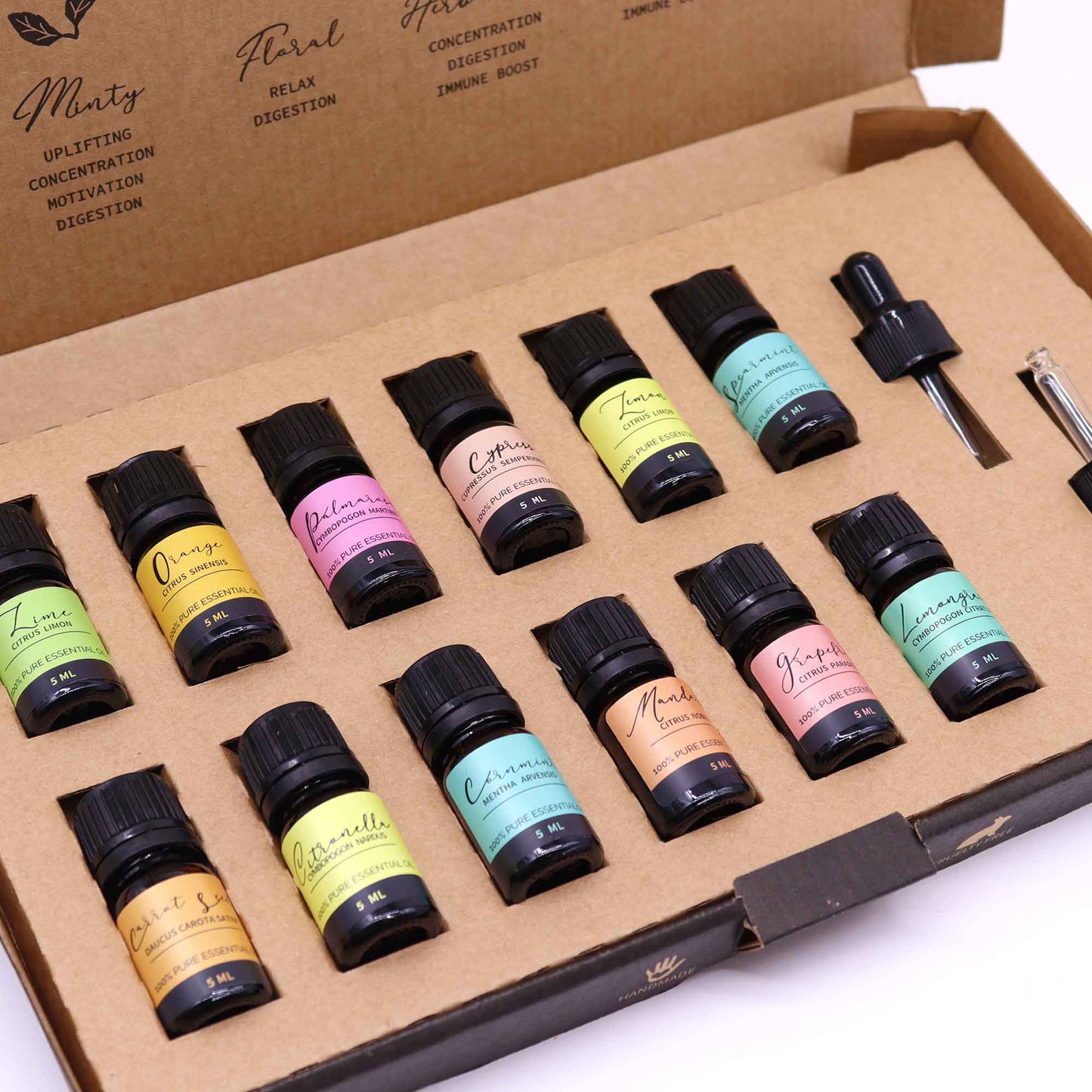 Vegan 100% Pure Aromatherapy Essential Oil Set - Summer, close diagonal view of colourful bottles and two droppers in an open box by Quintessential Holistic Health Ltd