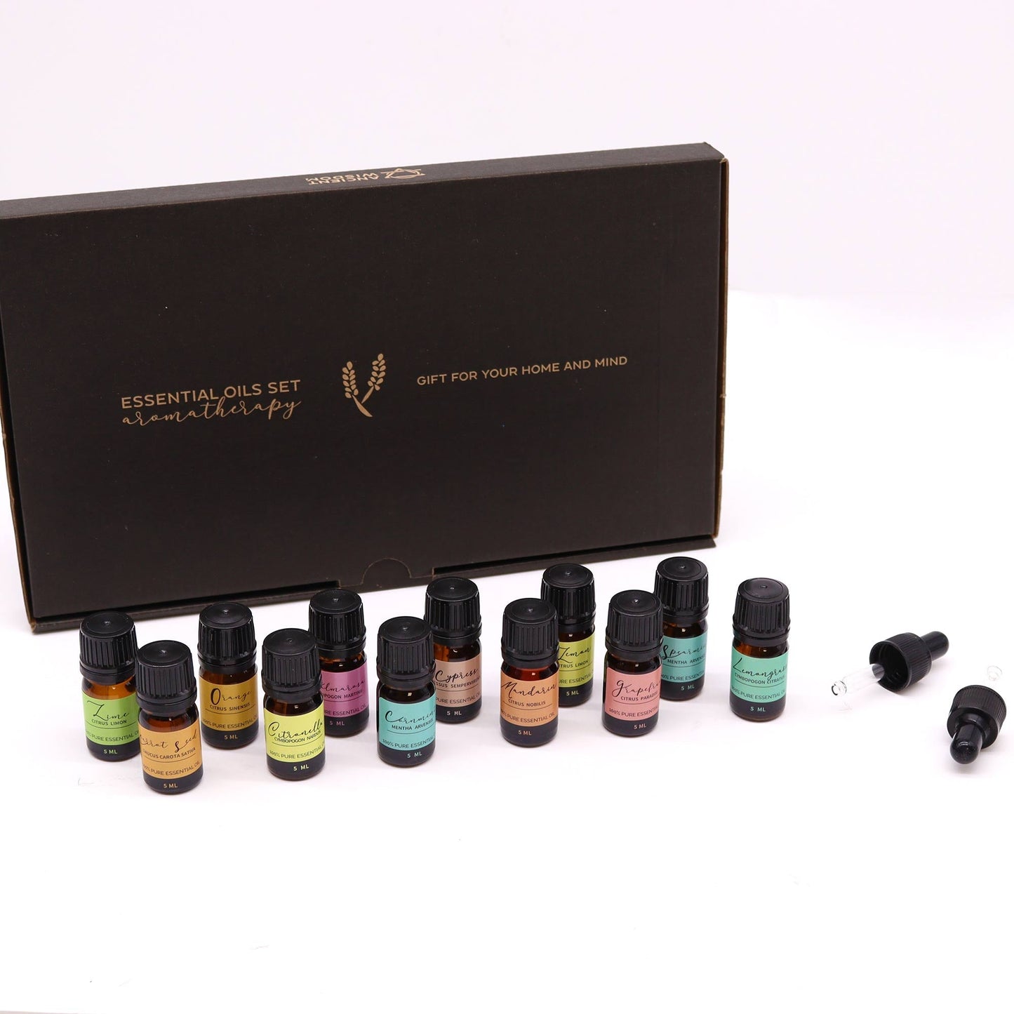 Vegan 100% Pure Aromatherapy Essential Oil Set - Summer, closed dark box behind a row of small bottles and two loose droppers by Quintessential Holistic Health Ltd