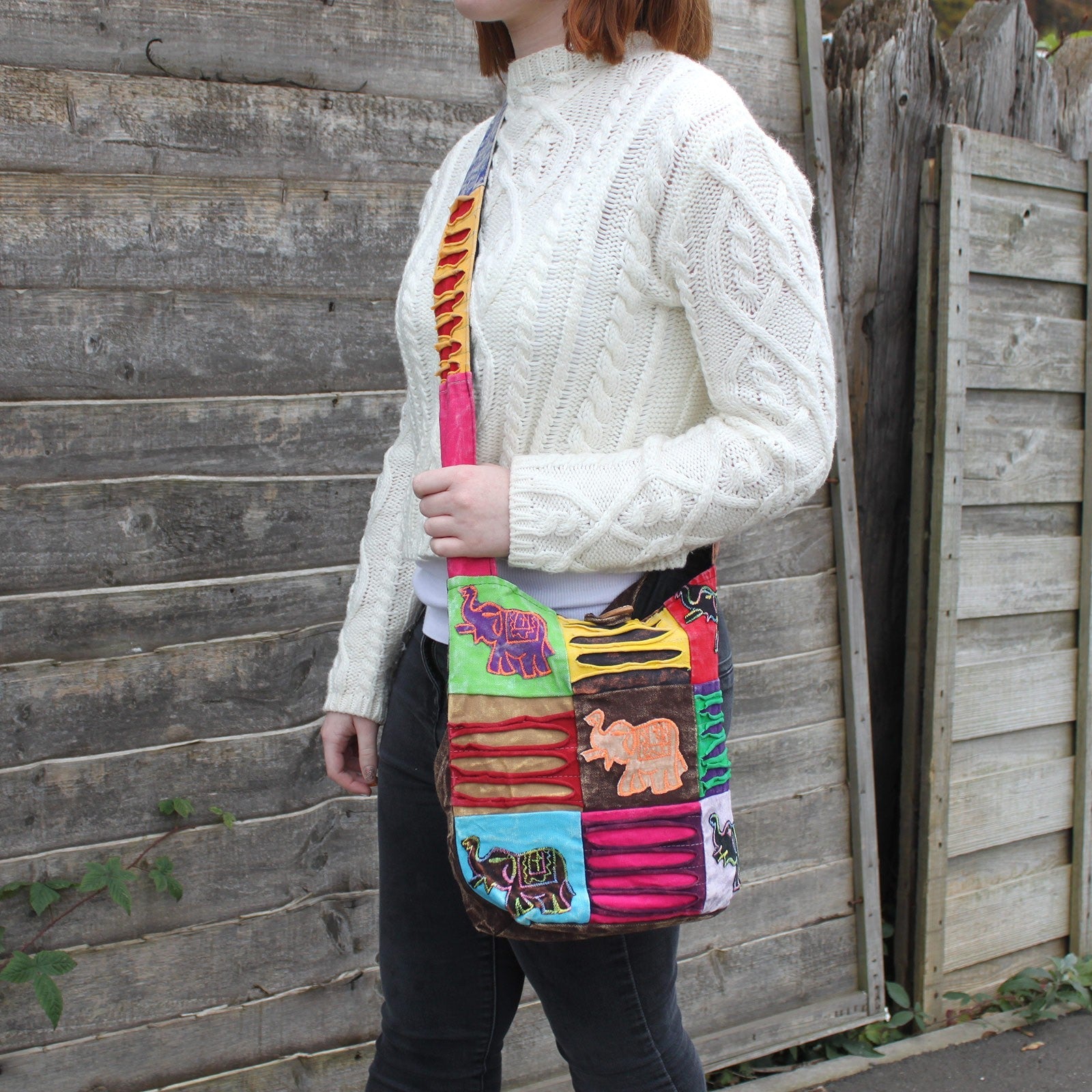 Ethnic Cotton Sling Bag - Chocolate / Elephant product packaging on clean background from Quintessential Holistic Health Ltd